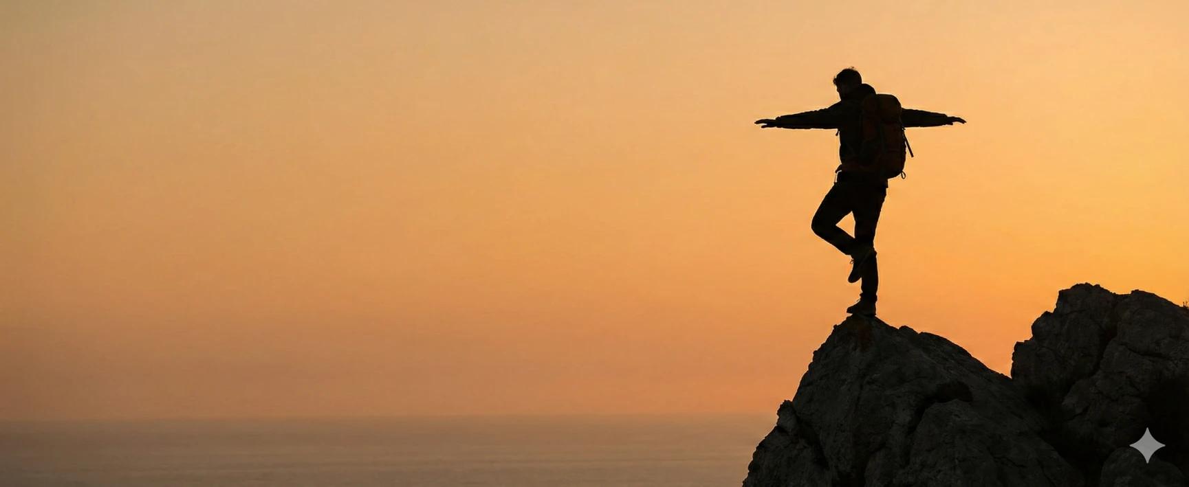 Silhouette of a hiker with a backpack standing on a rocky cliff edge with arms outstretched against a warm orange sunset sky, symbolizing freedom and big-picture thinking