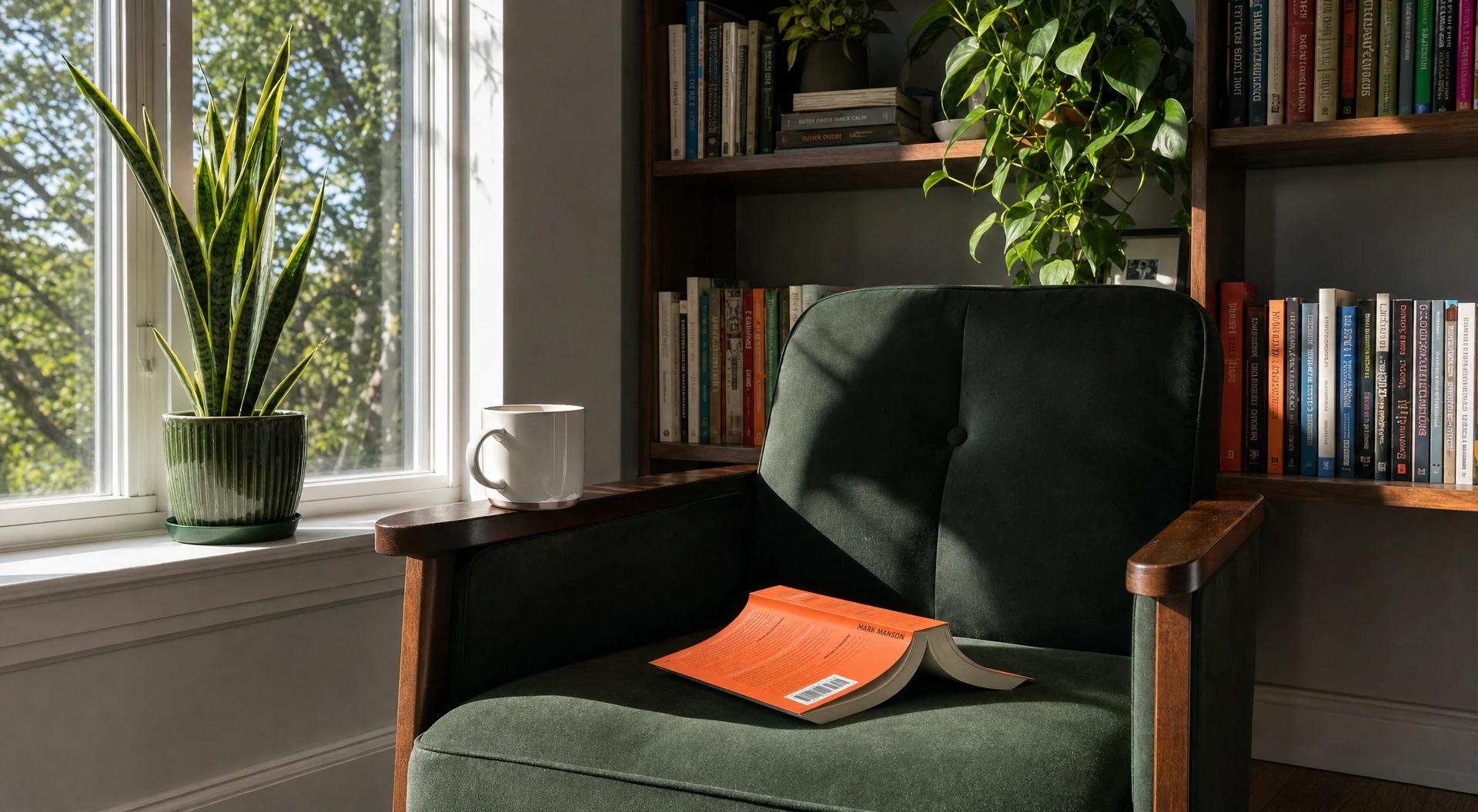 A well-read paperback lies splayed open on a green armchair beside a ceramic mug