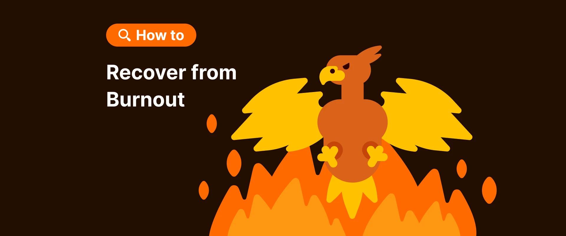 Phoenix rising from orange flames illustrating recovery from burnout on dark brown background