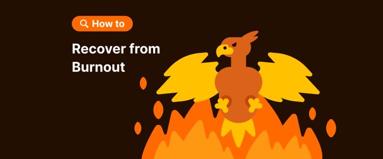 Phoenix rising from orange flames illustrating recovery from burnout on dark brown background