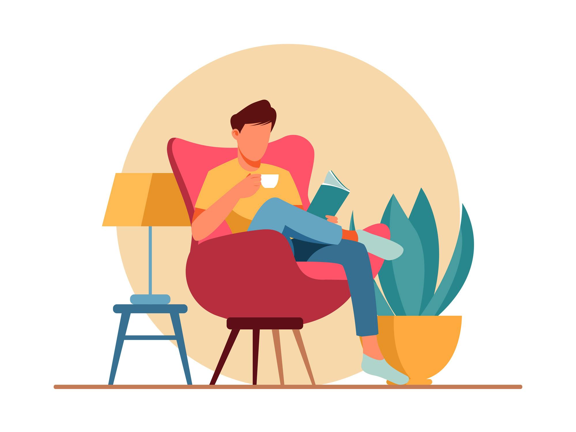 an illustration of a man sitting in a chair reading.