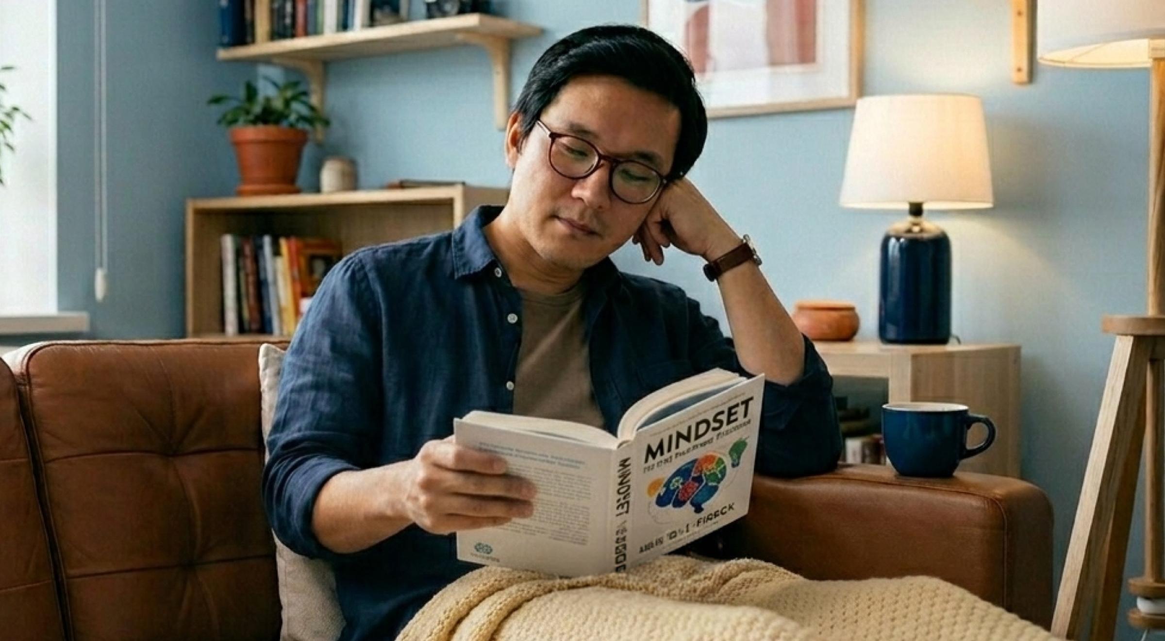 Man relaxing in a brown armchair reading the Mindset book in a cozy blue-walled room with a lamp and bookshelf β growth mindset activities