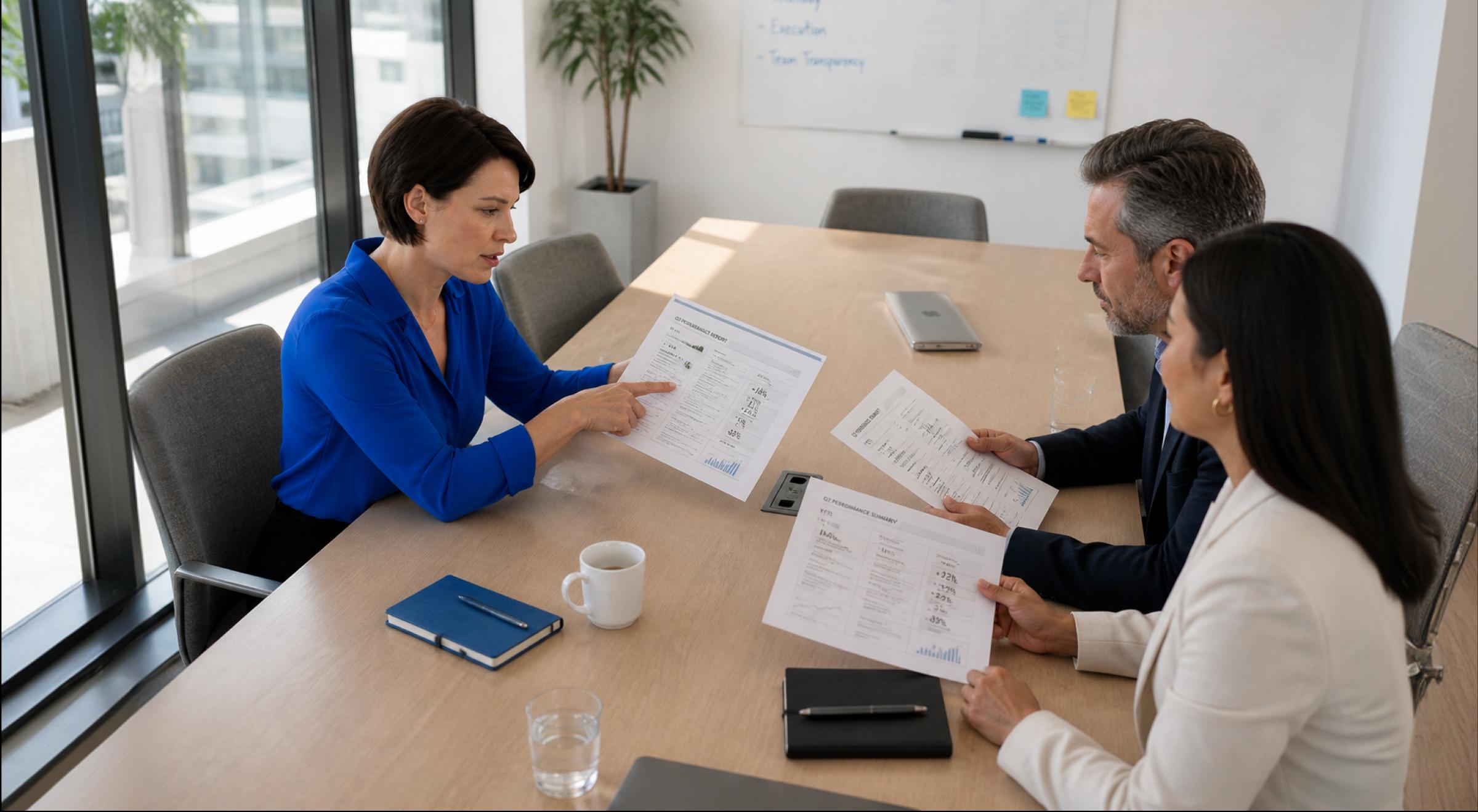 Woman in a blue blouse reviewing printed reports with two colleagues at a modern office table, with a whiteboard and large windows in the background