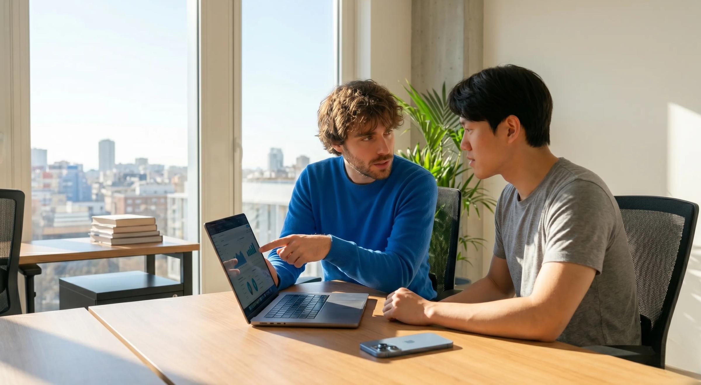Two young men in a blue and grey sweater collaborating over a laptop and tablet at a desk in a sunlit apartment with city skyline visible through large windows