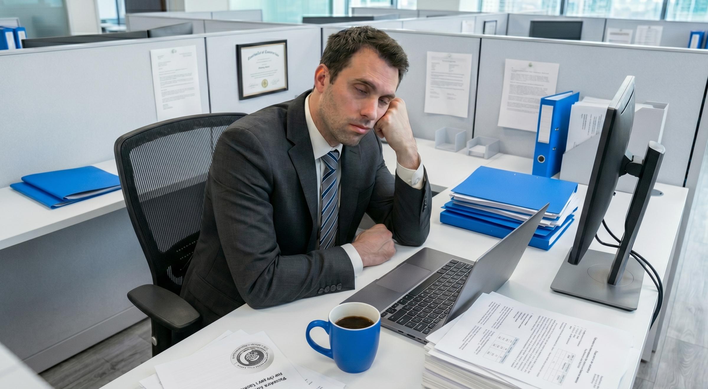 Tired businessman in a suit resting his head on his hand at a cluttered office desk with a laptop and coffee mug β how to stop being lazy