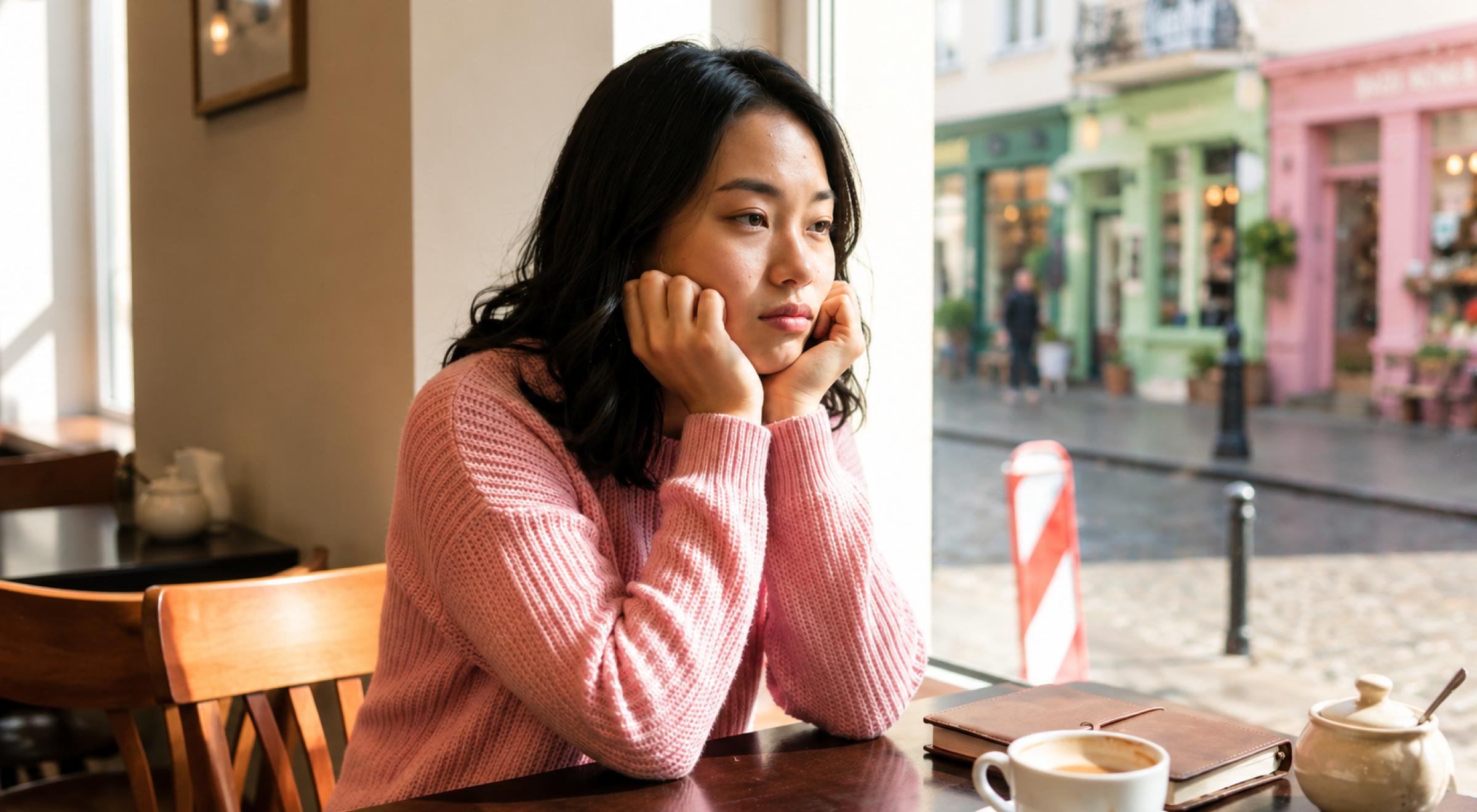 Young Asian woman in a pink sweater sitting alone at a café table, resting her chin on her hands and gazing pensively out the window at a colorful European street