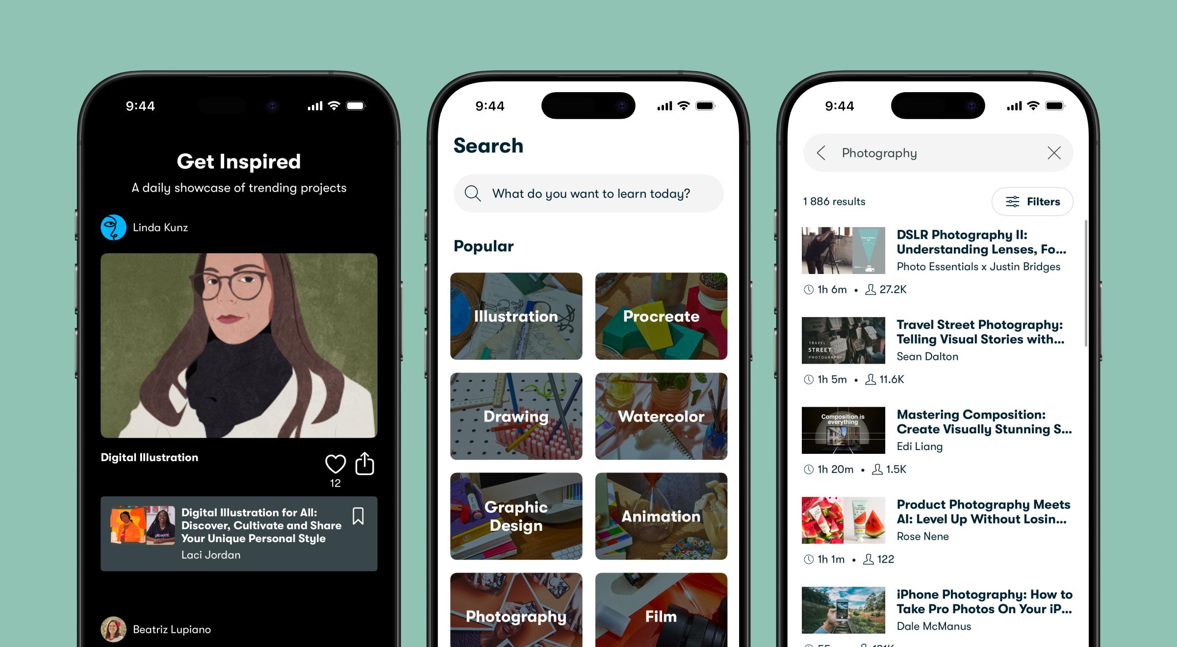 Three Skillshare app screenshots on teal background showing Get Inspired feed, Search page with creative categories, and Photography course results