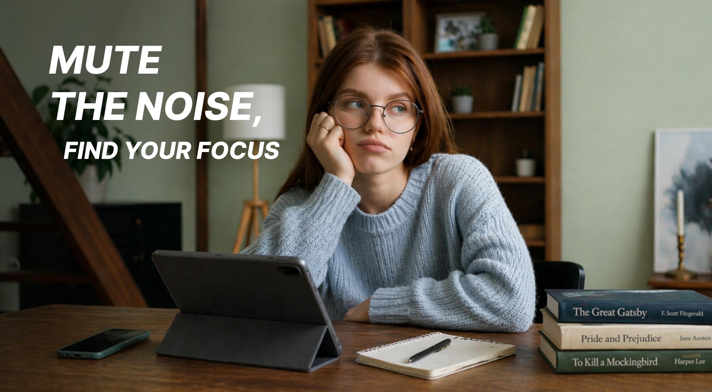 Young woman with glasses in a gray sweater sitting at a wooden desk with a tablet, notebook, and classic books, looking distracted and struggling to focus and maintain attention span