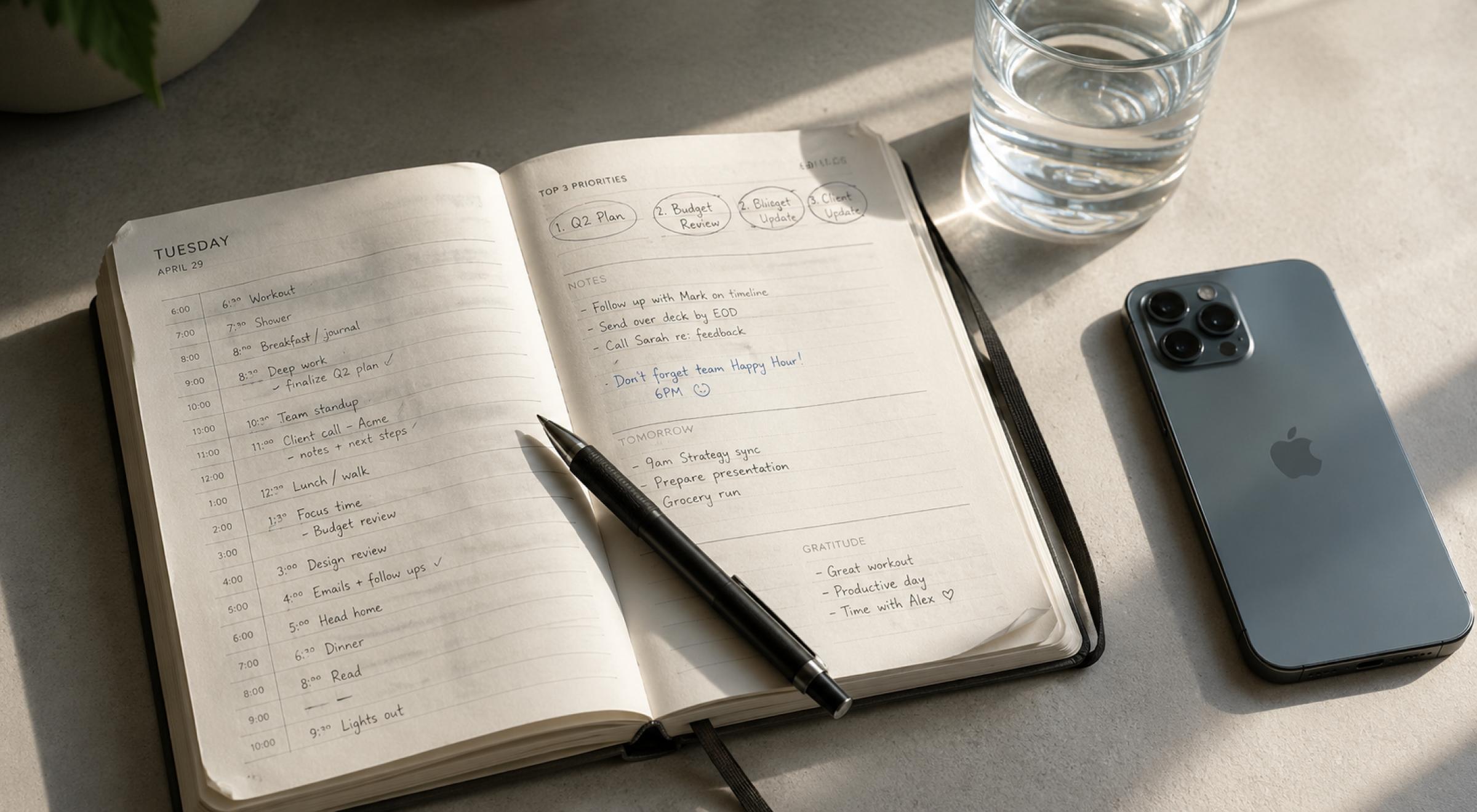 Open planner and notebook with a pen, iPhone, and glass of water on a desk β flat lay of a daily productivity routine setup