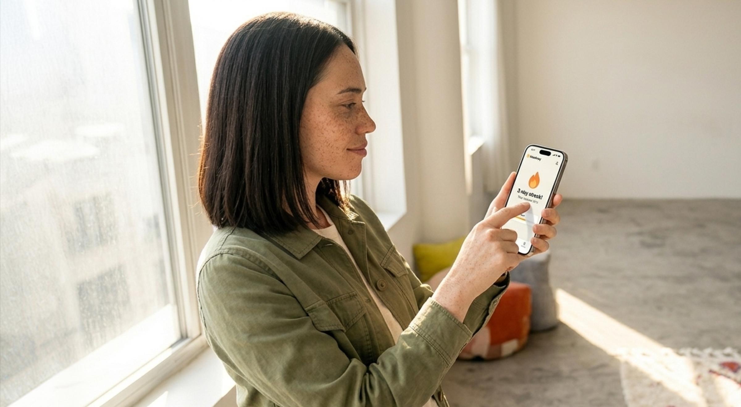 Young woman in a green jacket sitting by a window looking at the Tinder app on her smartphone, with soft natural light and colorful cushions in the background