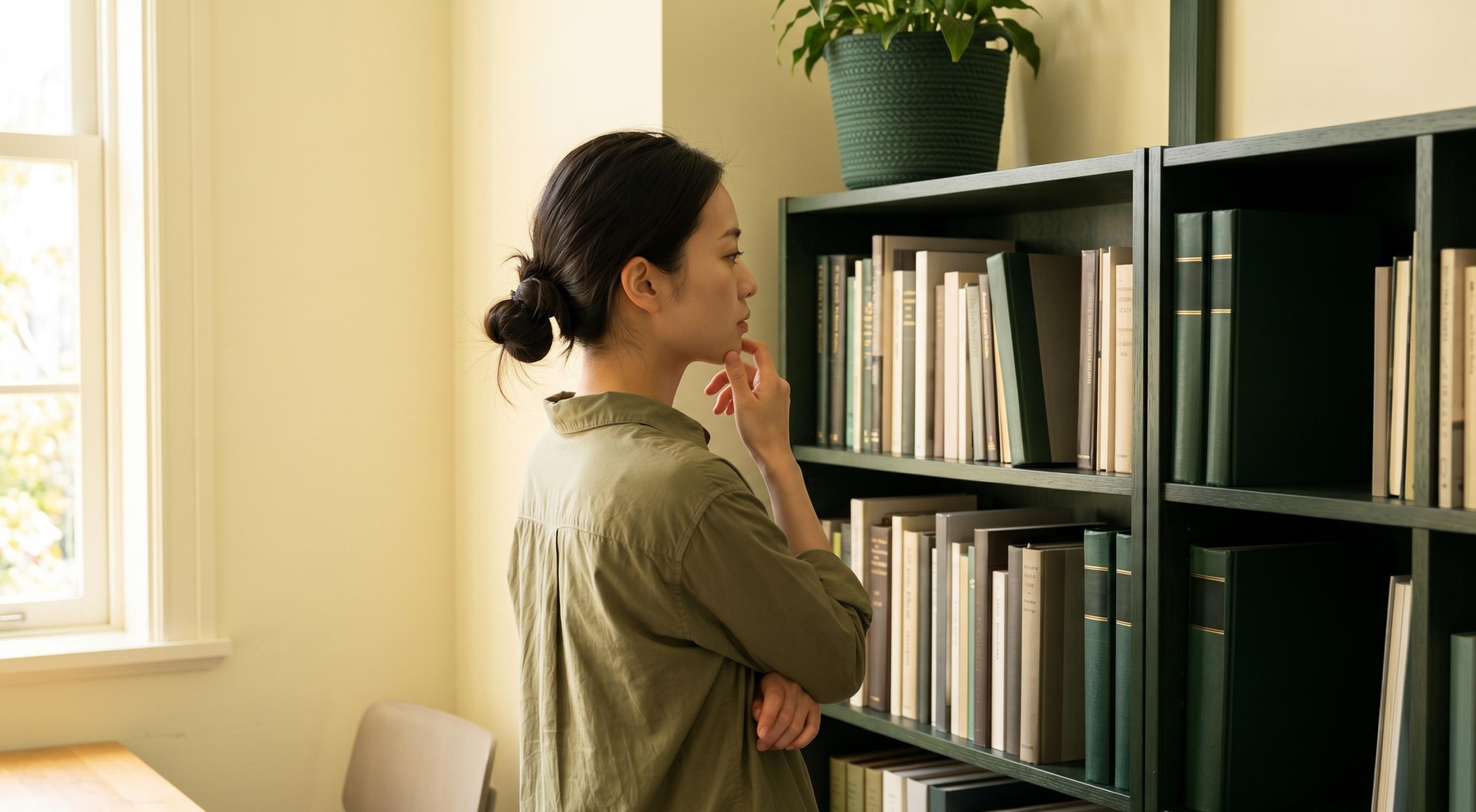 Young woman in a green shirt thoughtfully browsing books on a dark green bookshelf in a bright modern library or bookstore