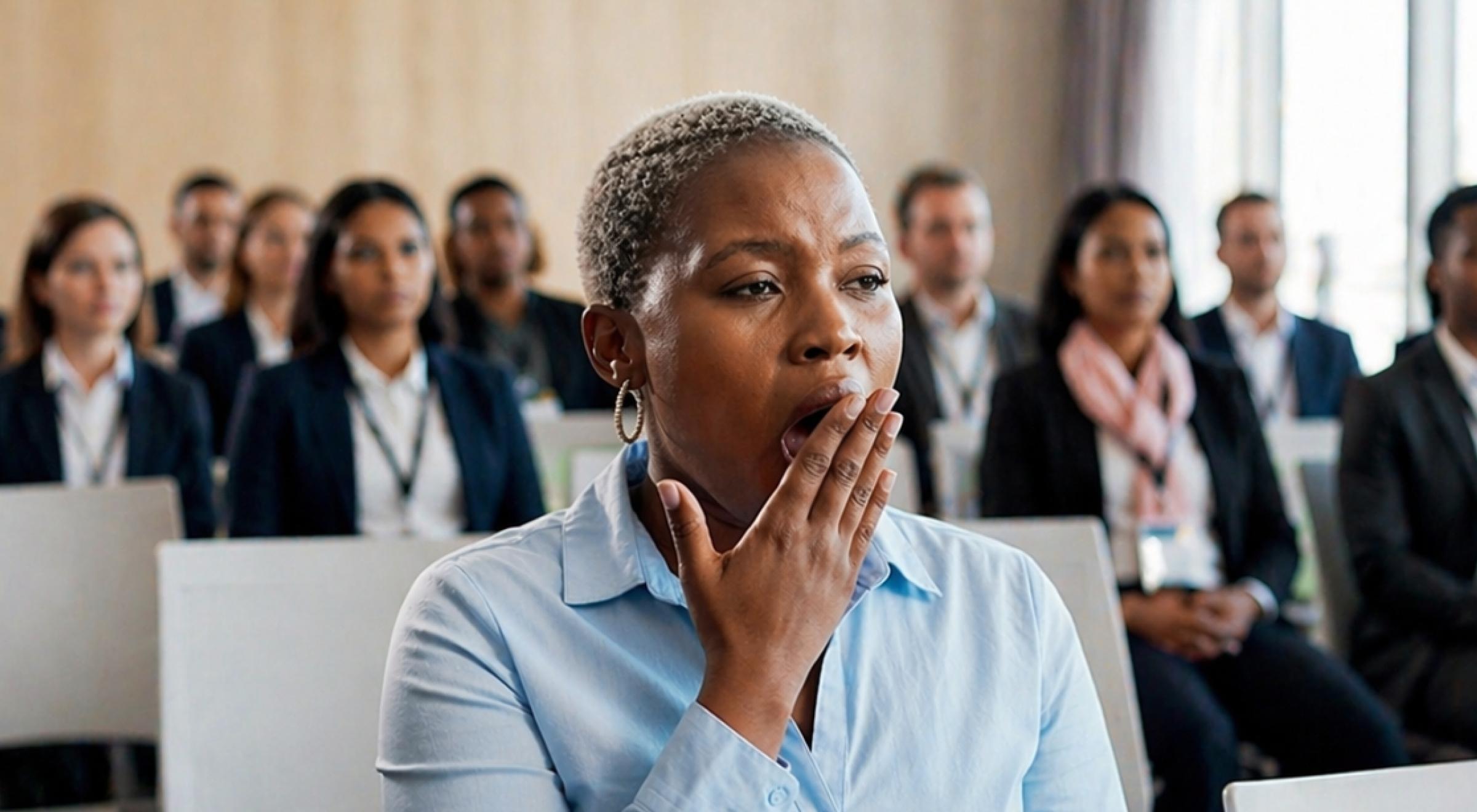 Black woman with short gray hair covering her mouth in surprise at a professional conference, surrounded by diverse attendees in business attire in the background