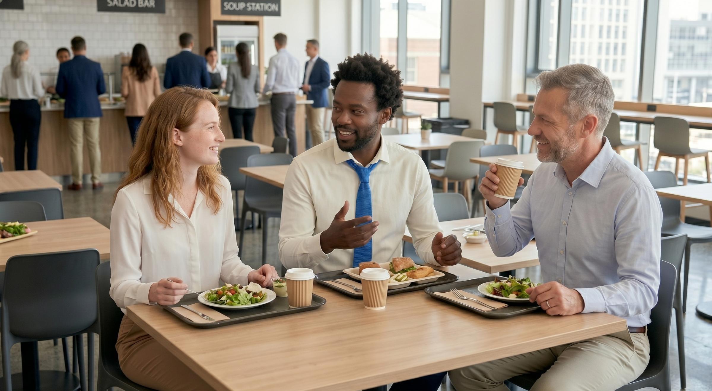Three colleagues laughing and talking over lunch with salads and coffee in a modern office cafeteria, showing charismatic and magnetic interpersonal communication skills