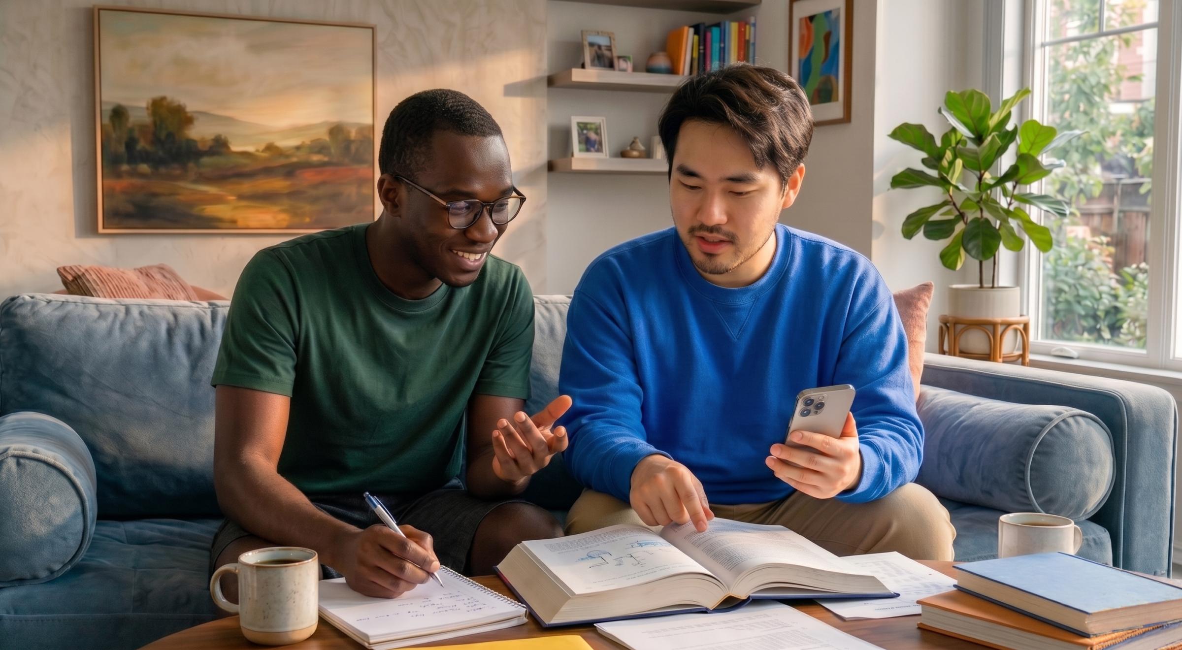 Two young men studying together on couch at home, one in blue sweatshirt holding phone pointing at open book, cozy living room with warm landscape painting on wall