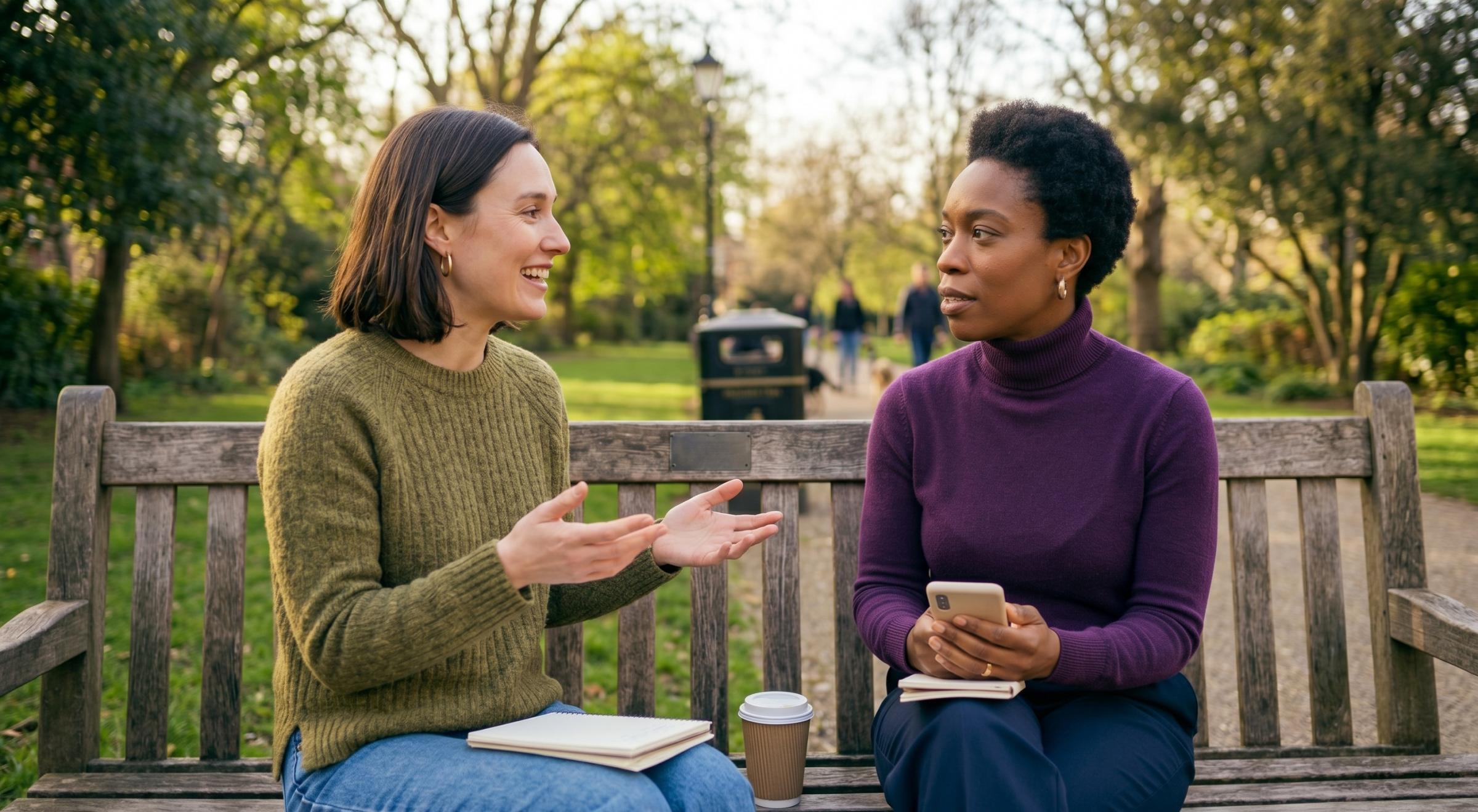 Two women sitting on a wooden park bench in deep conversation, one gesturing expressively, with green trees in the background — social intelligence skills