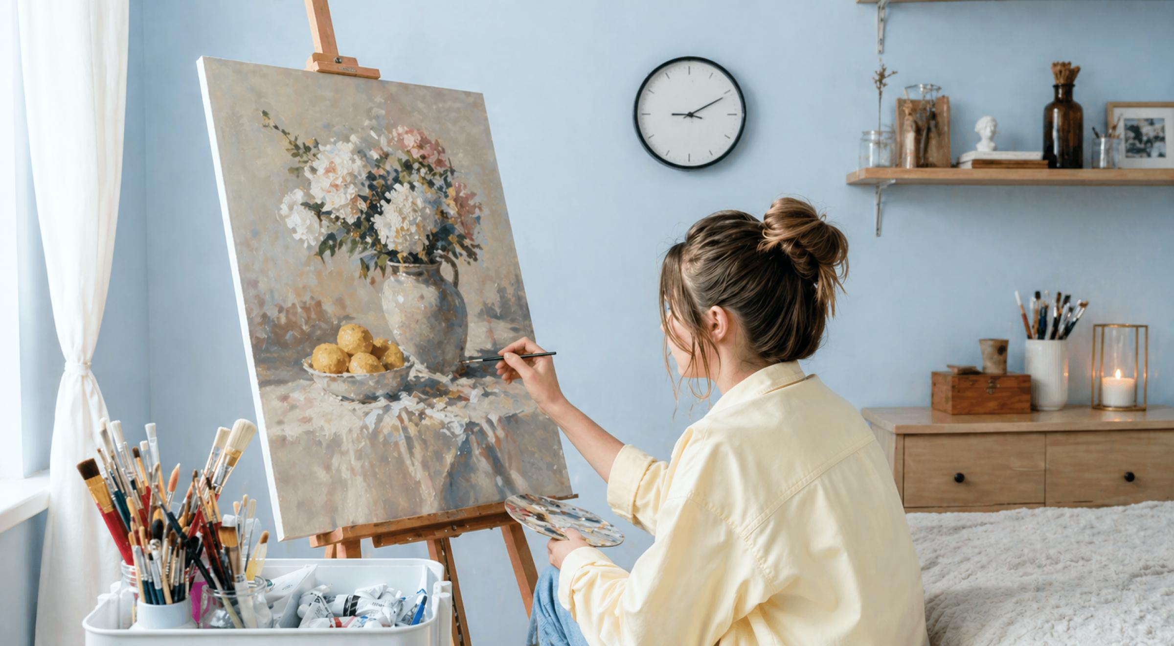 Young woman in a yellow shirt painting a floral canvas on an easel in a bright home studio with art supplies, shelves, and a wall clock in the background as a creative glow up hobby