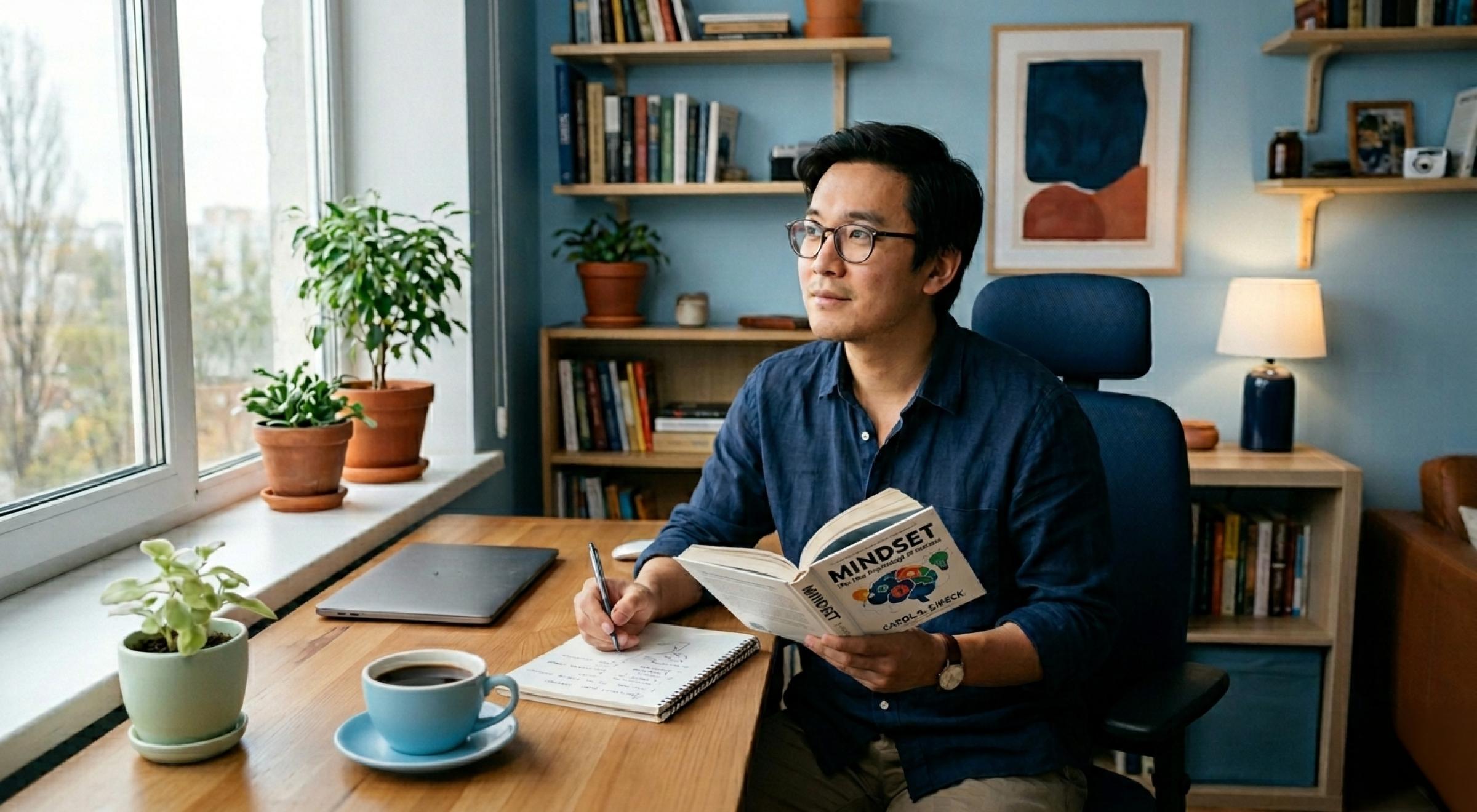 Man sitting at a wooden desk holding the Mindset book and taking notes, with plants, a coffee cup, and a bookshelf in the background β growth mindset activities_