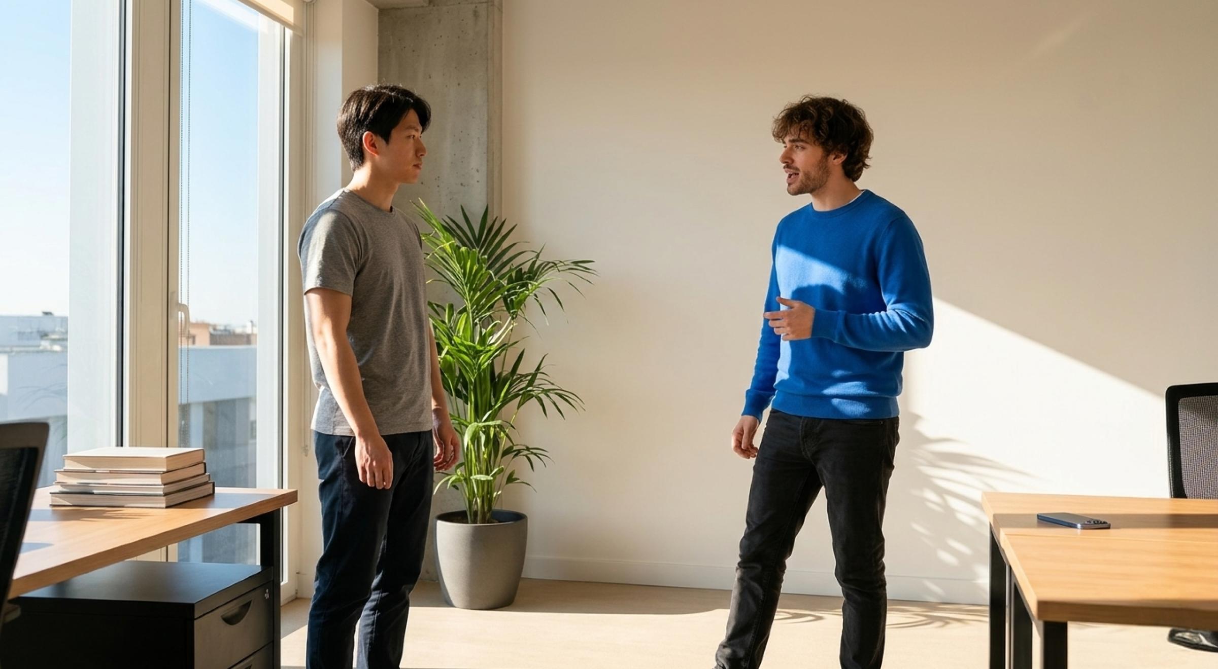 Two young men standing apart in a bright apartment having a tense conversation near a potted plant, with city-view windows and wooden desks in the background