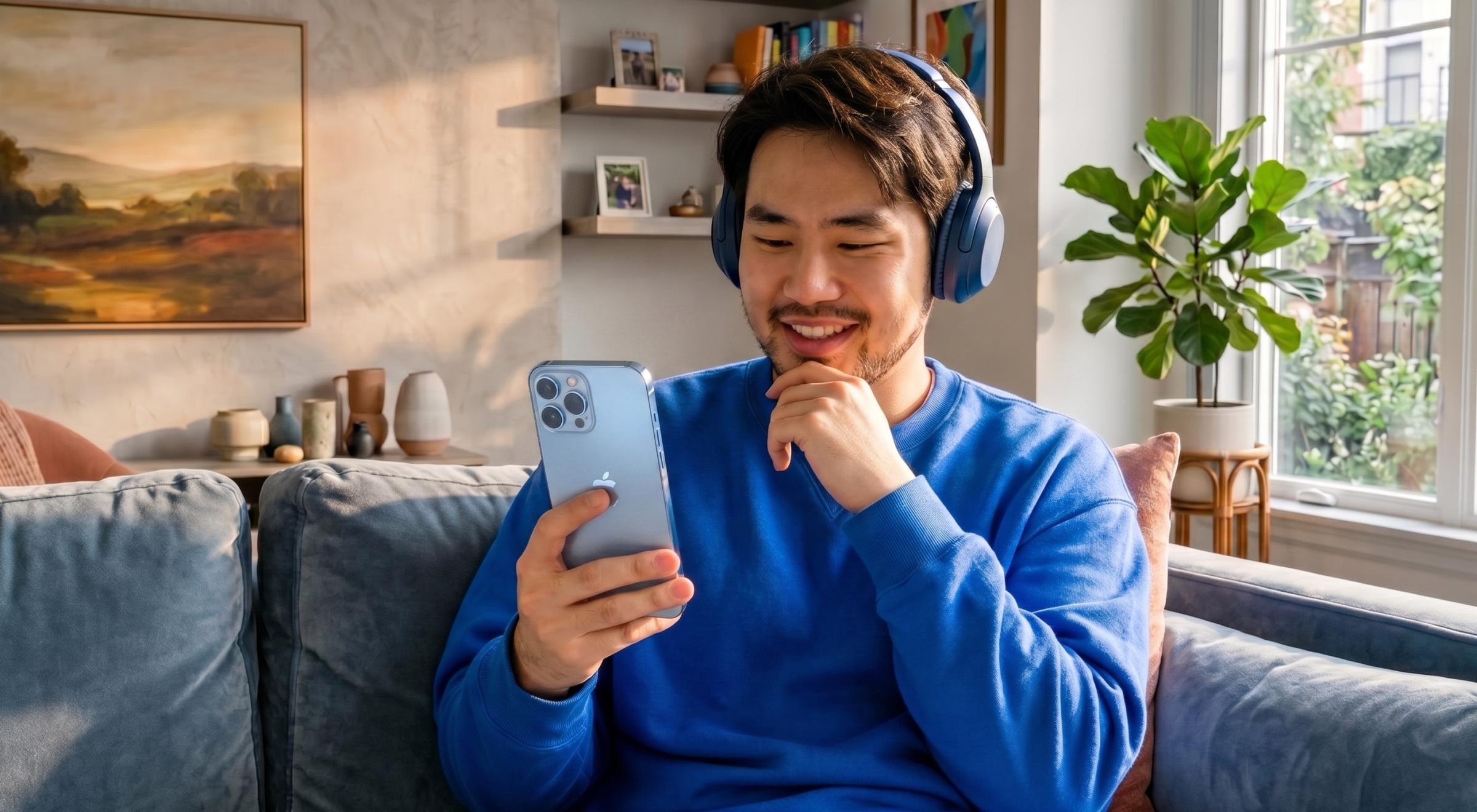 Smiling Asian man in blue sweatshirt and headphones browsing smartphone on couch, bright living room with fiddle-leaf fig plant by window