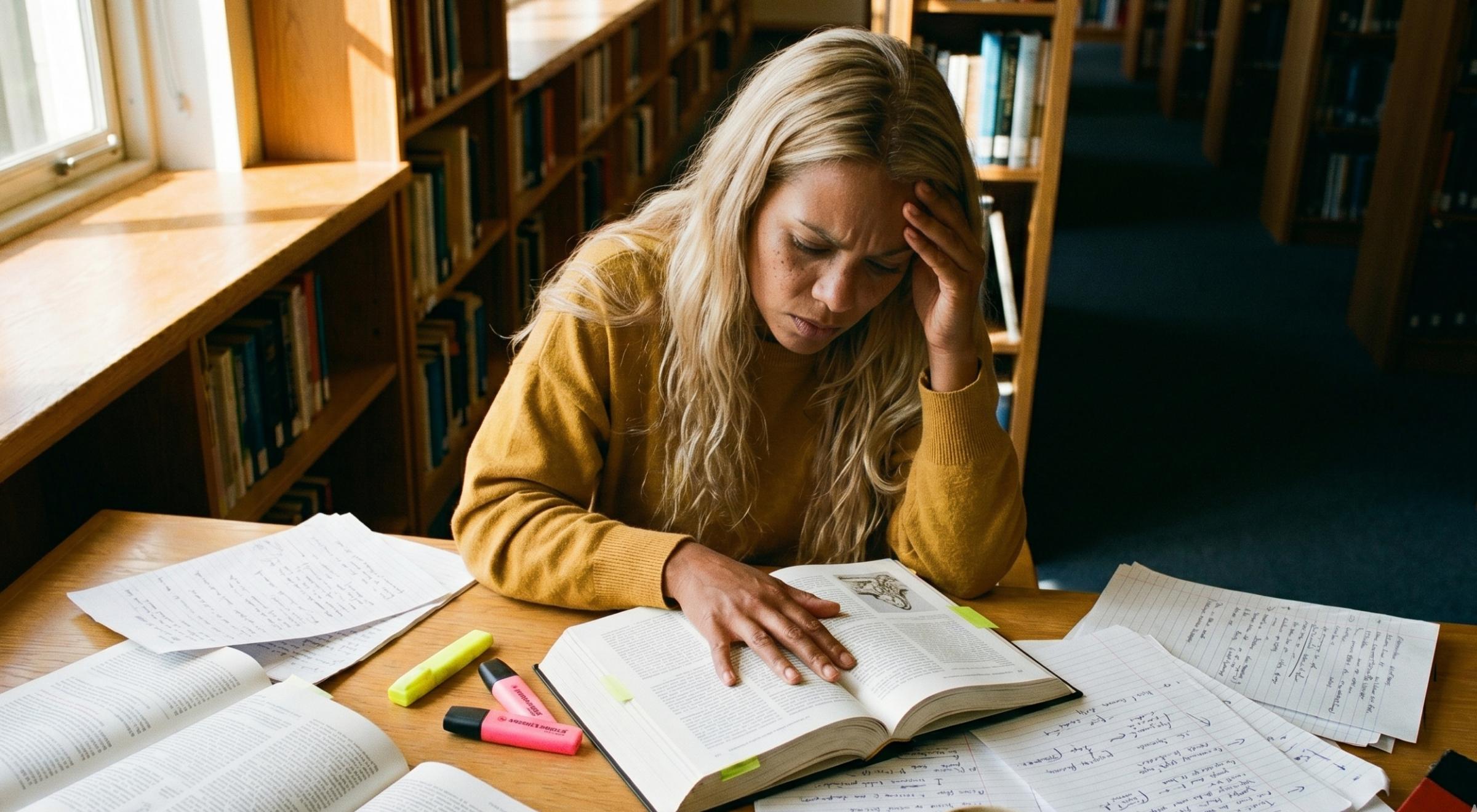 Stressed woman with blonde hair in a yellow sweater studying at a library desk surrounded by open books, notes, and highlighters