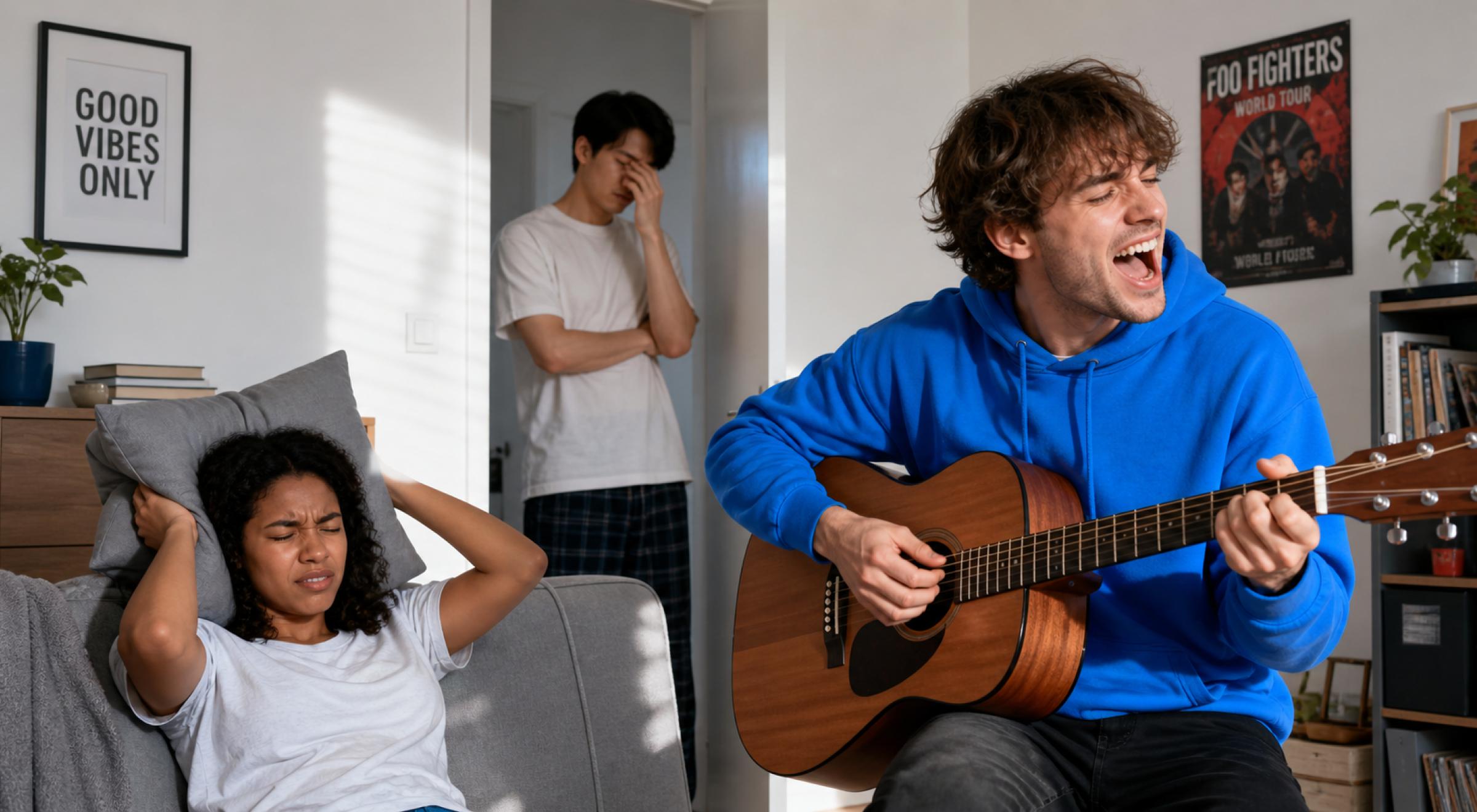 Young man in a blue hoodie loudly playing acoustic guitar in a living room while a woman covers her ears and a roommate looks on from the doorway, annoyed