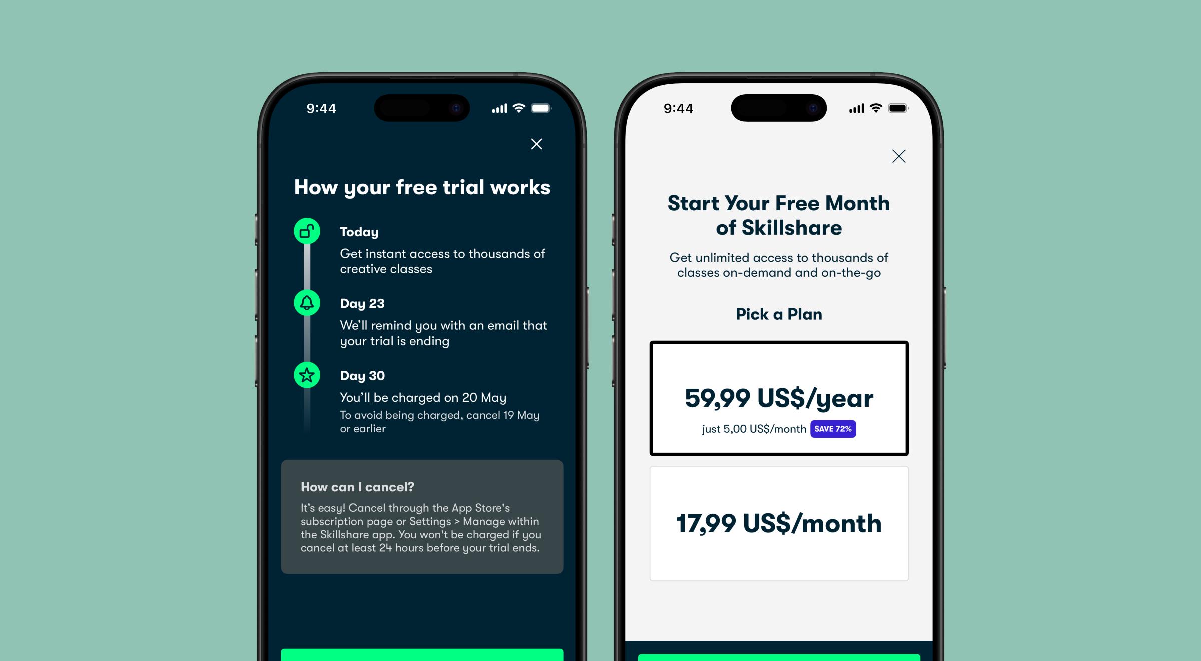 _Two Skillshare app screenshots on teal background showing free trial details and subscription pricing plans of 59,99 US_yearand17,99US_year and 17,99 US _year and17,99US_month