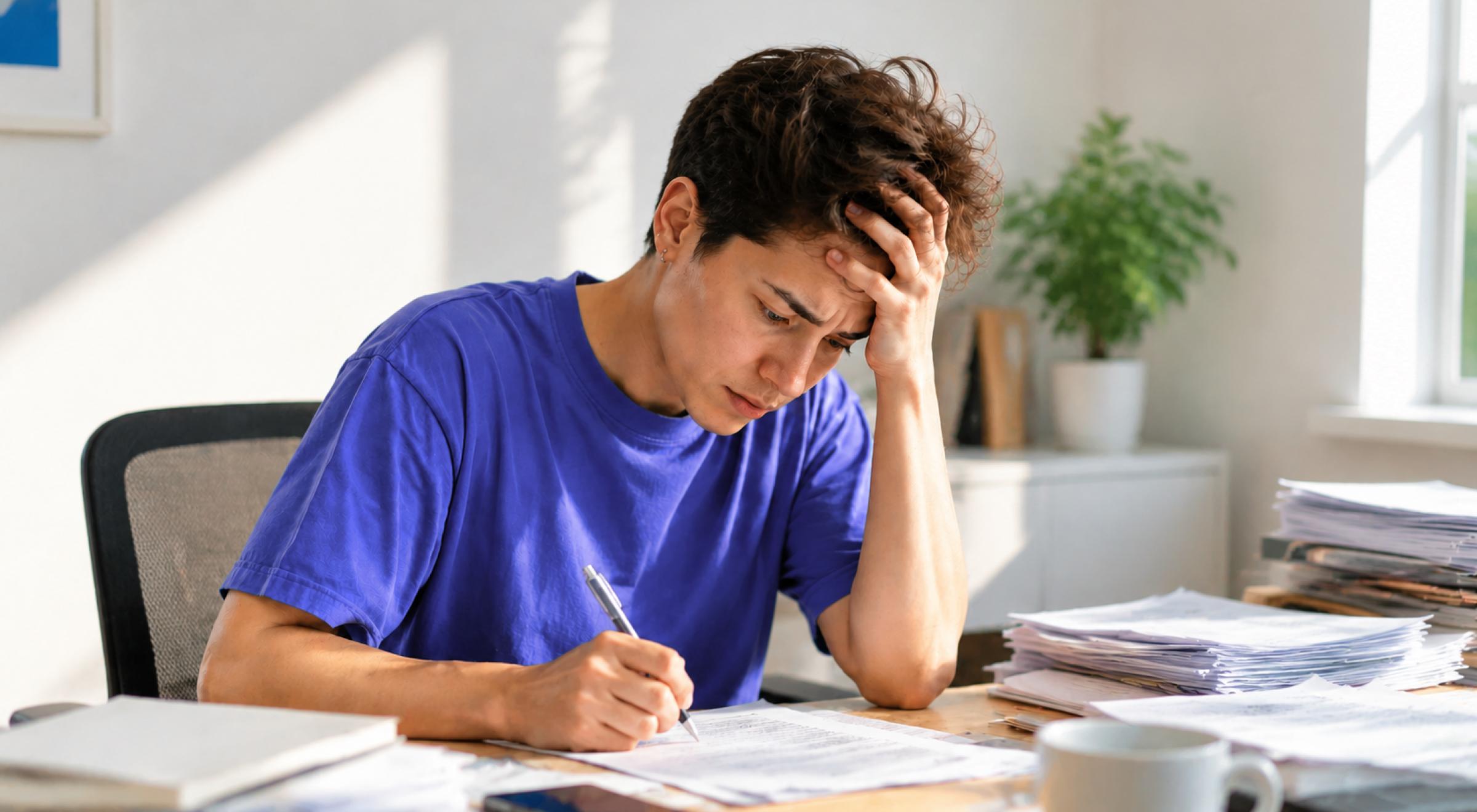 Stressed young man in a blue t-shirt sitting at a cluttered desk with papers, holding his head while writing, struggling to focus — entrepreneur overwhelmed with work