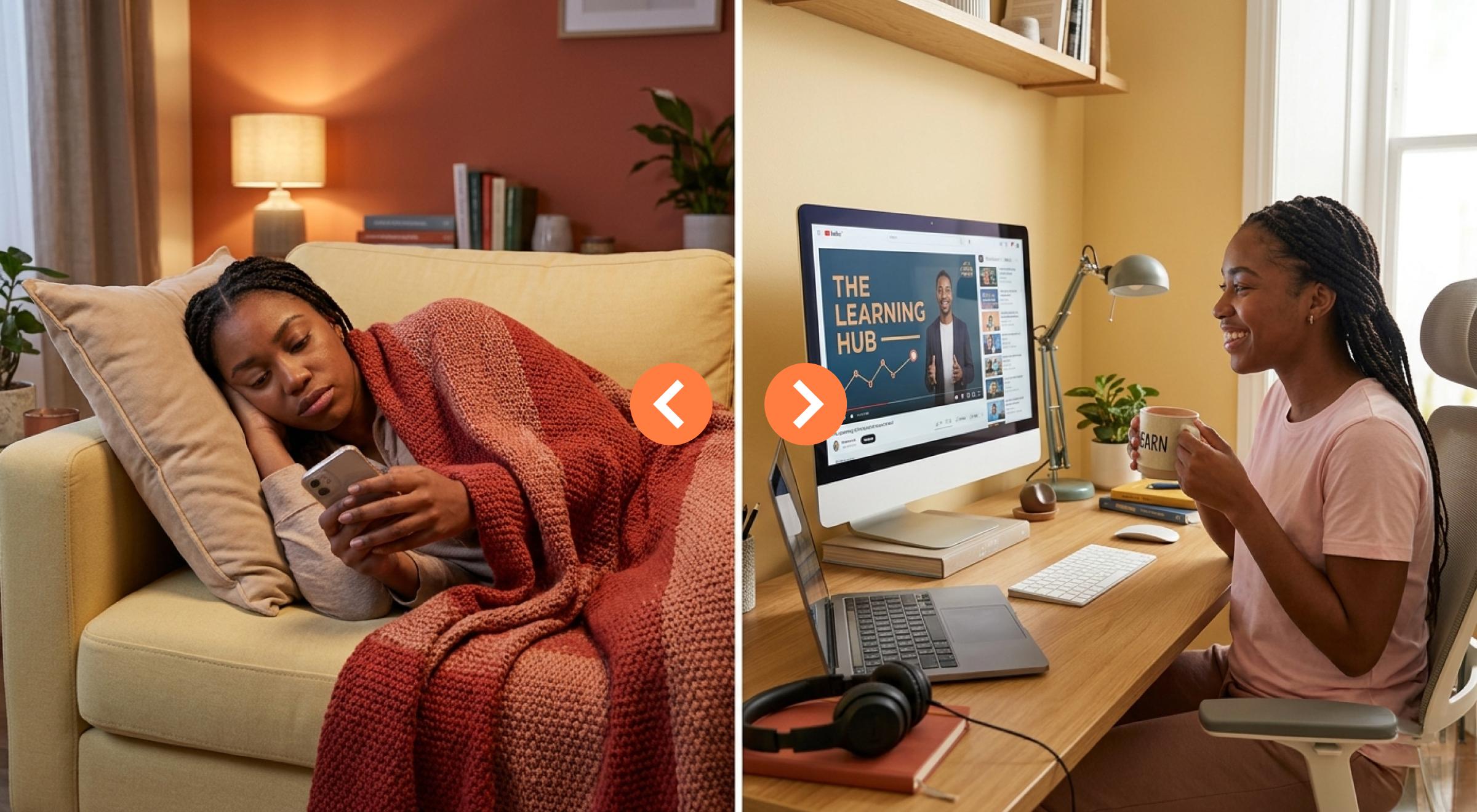 Woman lying on a couch scrolling her phone under a red blanket, and a woman sitting at a desk smiling at a desktop screen with an online learning platform โ motivation vs discipline mindset