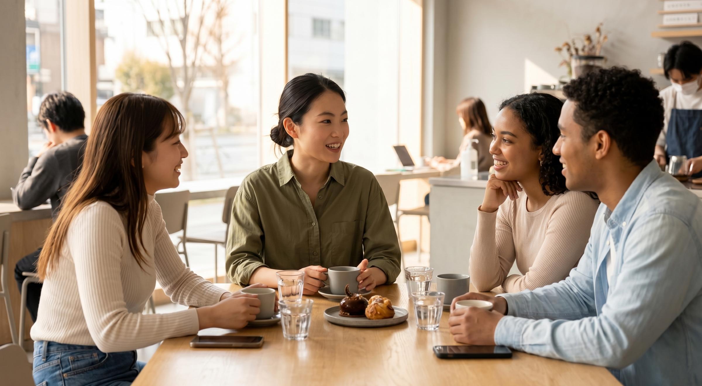 Group of three young adults enjoying conversation over coffee and snacks at a cafe table in a sunny indoor setting