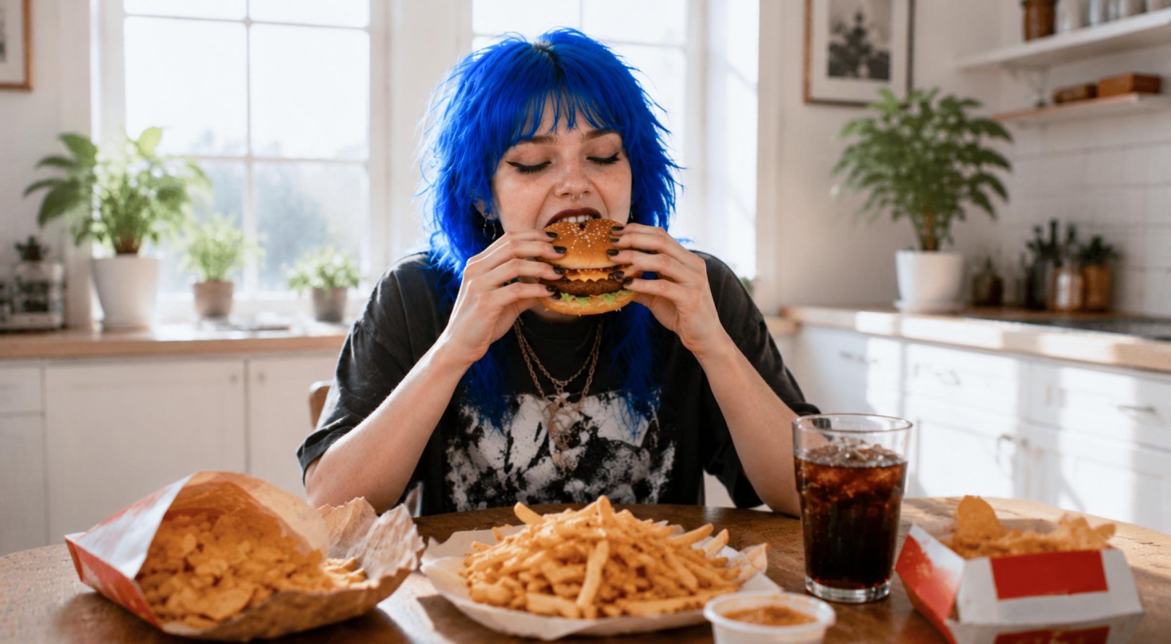 Blue-haired teenage girl eating a burger at a kitchen table with fries, chips, and a cola drink in a bright home kitchen