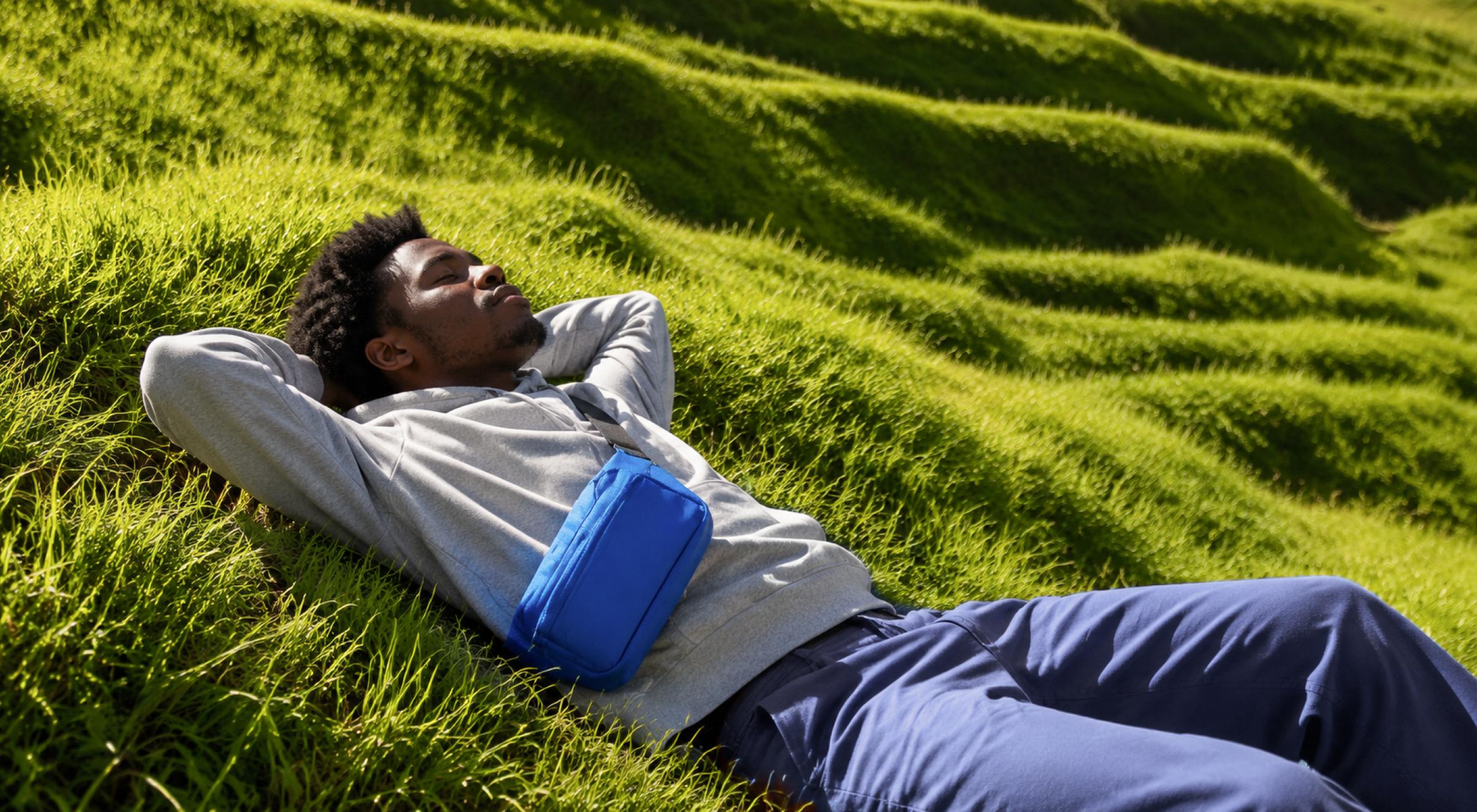 Black man in a grey hoodie and blue pants lying on a lush green grassy hillside with eyes closed, resting with a blue object on his chest