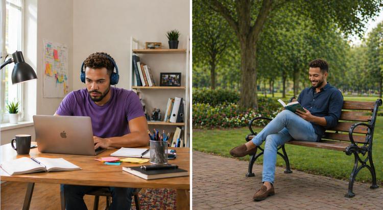 Man in purple shirt wearing blue headphones working on a MacBook at a wooden desk in a home office, and a man in dark blue shirt reading a book on a park bench โ Type A vs Type B personality guide