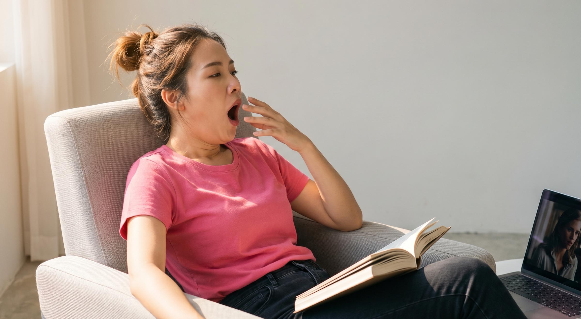 Asian woman in a pink t-shirt yawning while holding an open book in a gray armchair, with a laptop open beside her in a bright room