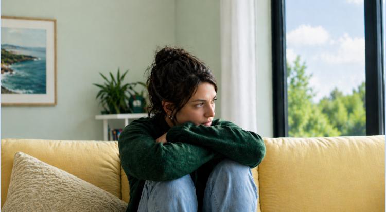 Young woman sitting curled up on a yellow sofa with arms crossed, looking away, depicting anxious avoidant attachment style behavior in a light home interior_