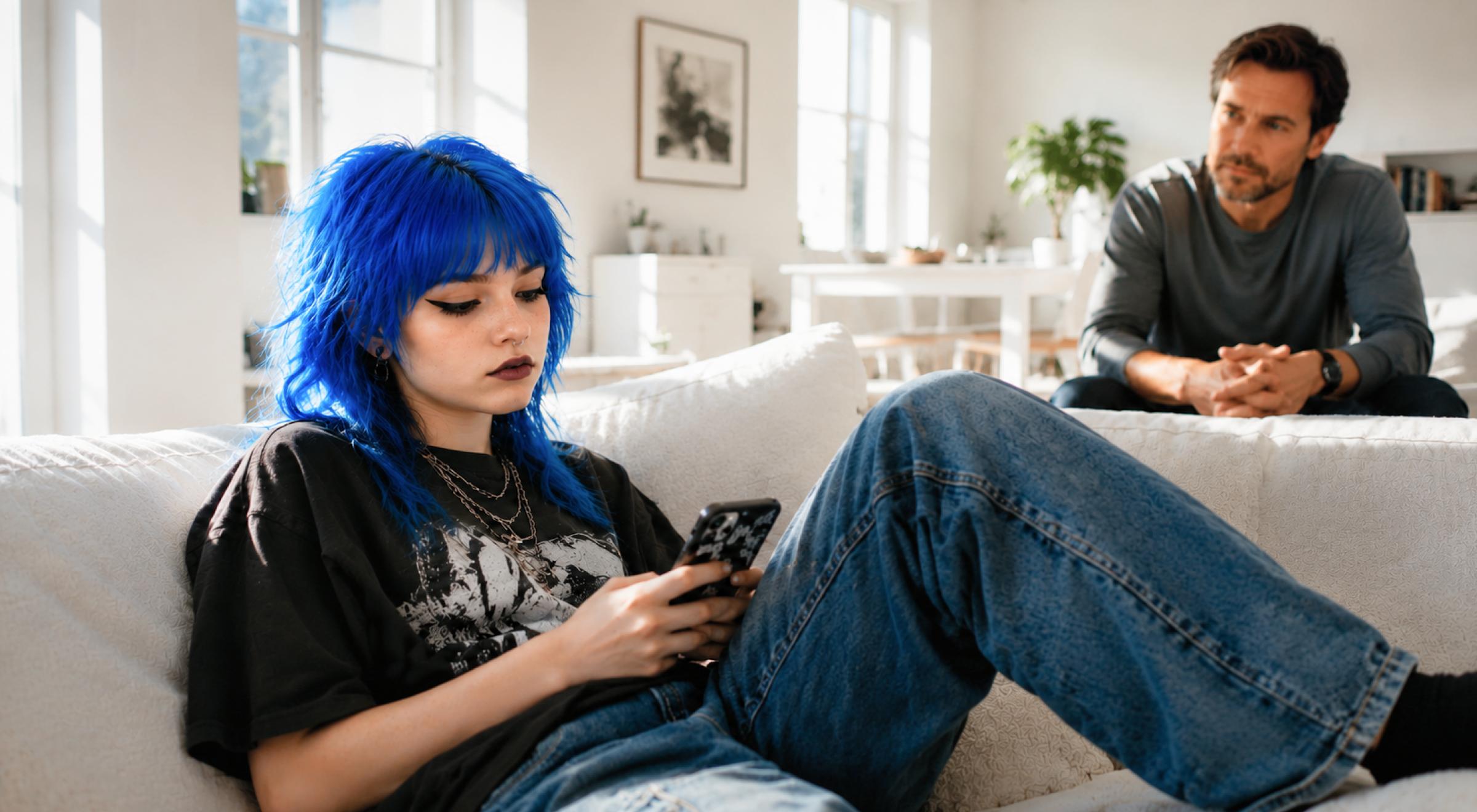 Teen girl with blue hair lying on a white sofa scrolling on her phone while an adult man sits in the background in a bright living room