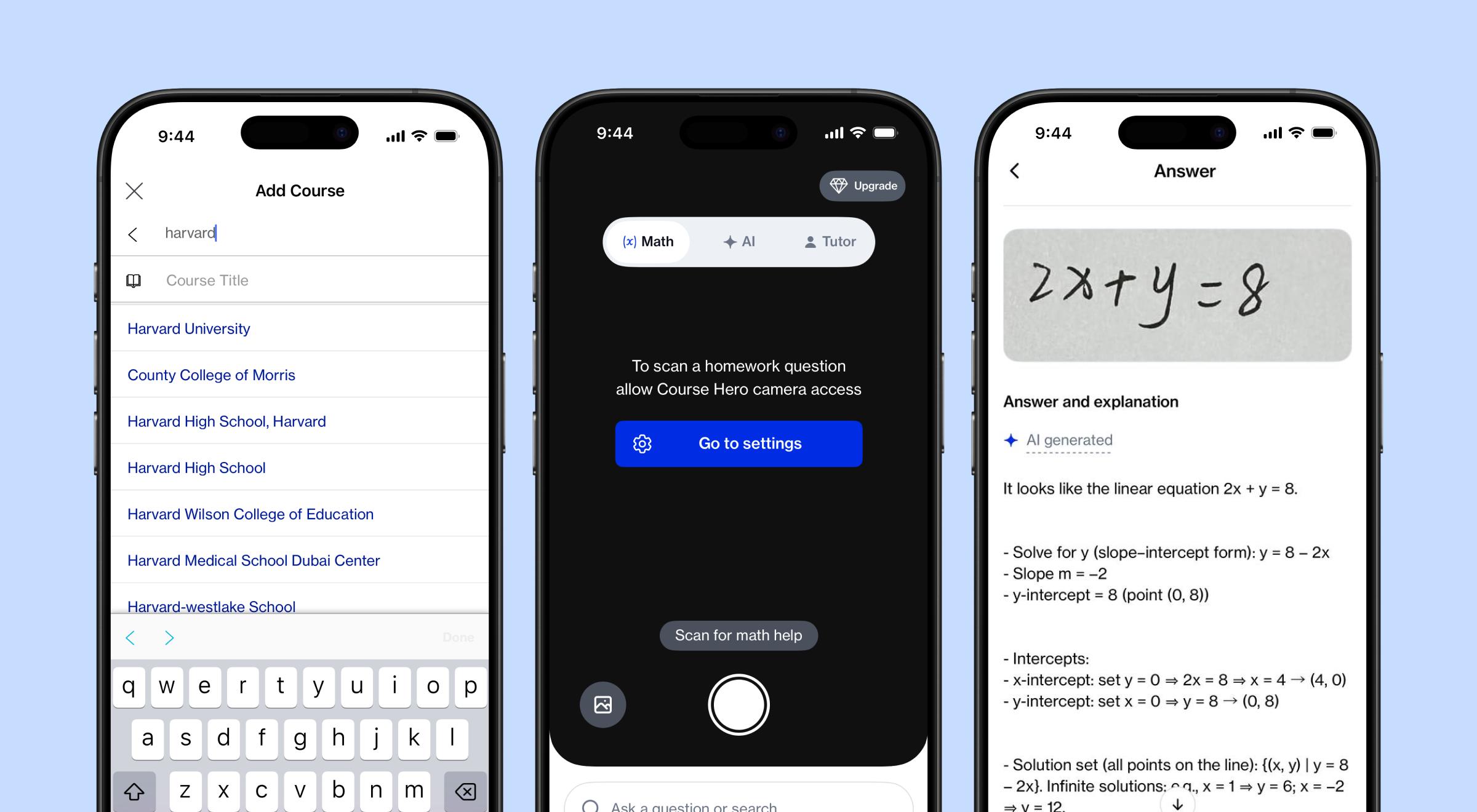 Three Course Hero app screens showing course search, homework camera scanner feature, and a detailed math equation answer with explanation