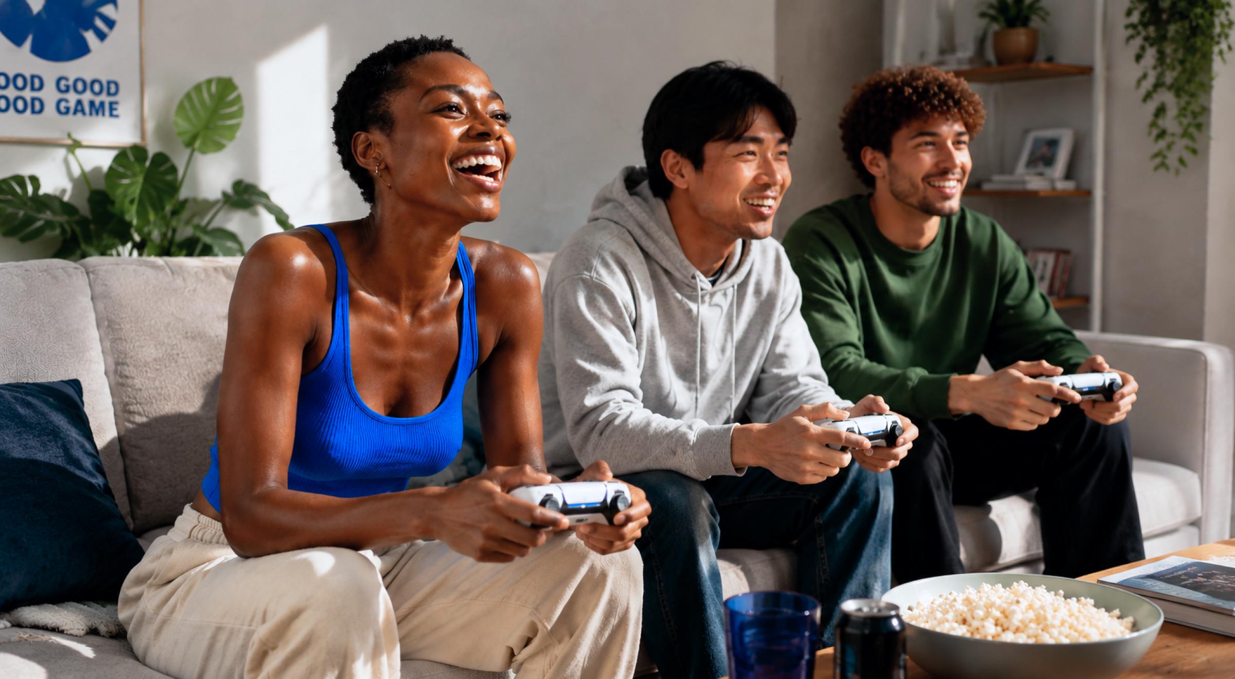 Three diverse friends laughing and playing video games together on a couch with popcorn, enjoying authentic connection in a cozy living room