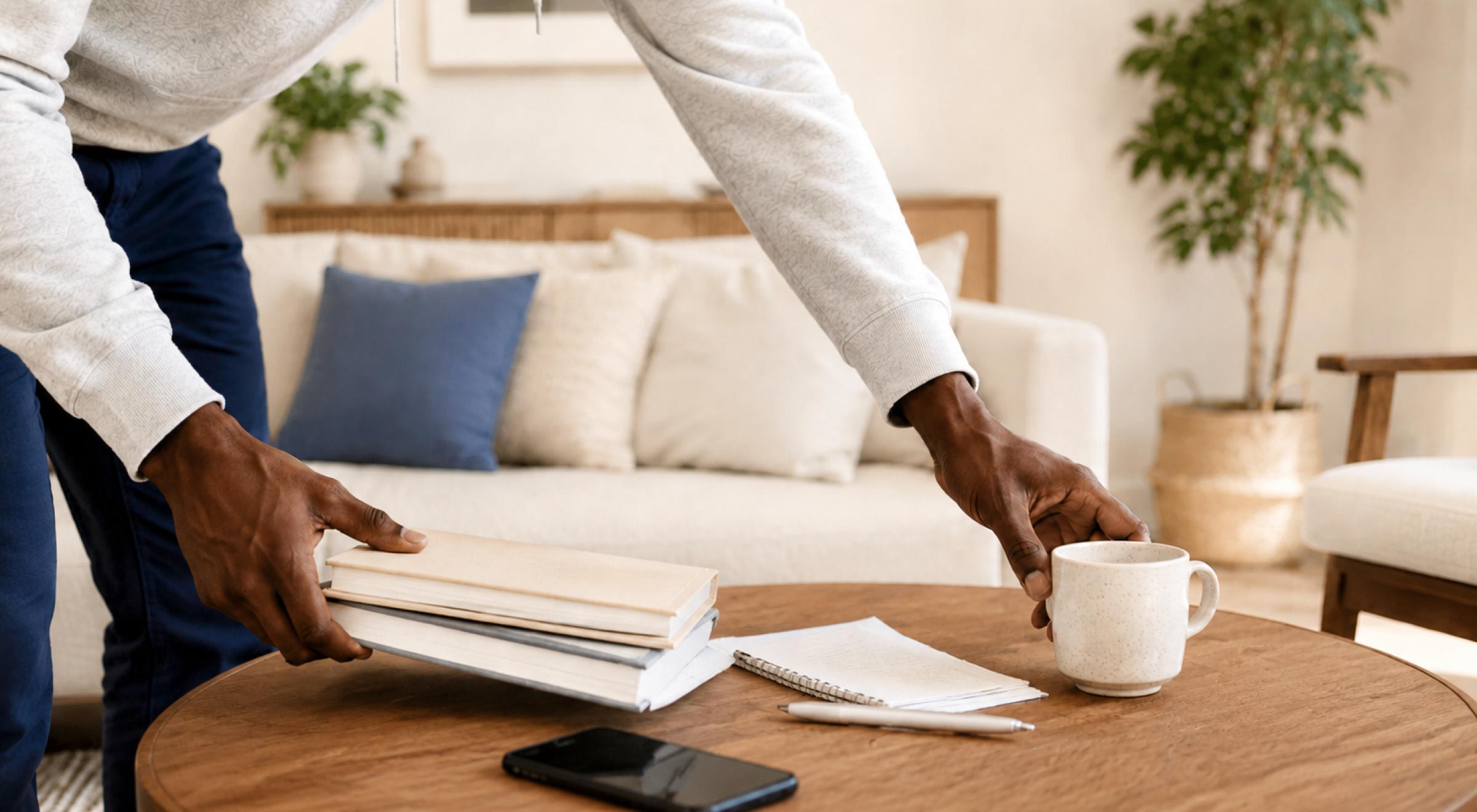 _Black man in a grey hoodie leaning over a wooden coffee table with a notebook, white mug, and phone in a cozy neutral-toned living room with a blue-dotted highlight overlay