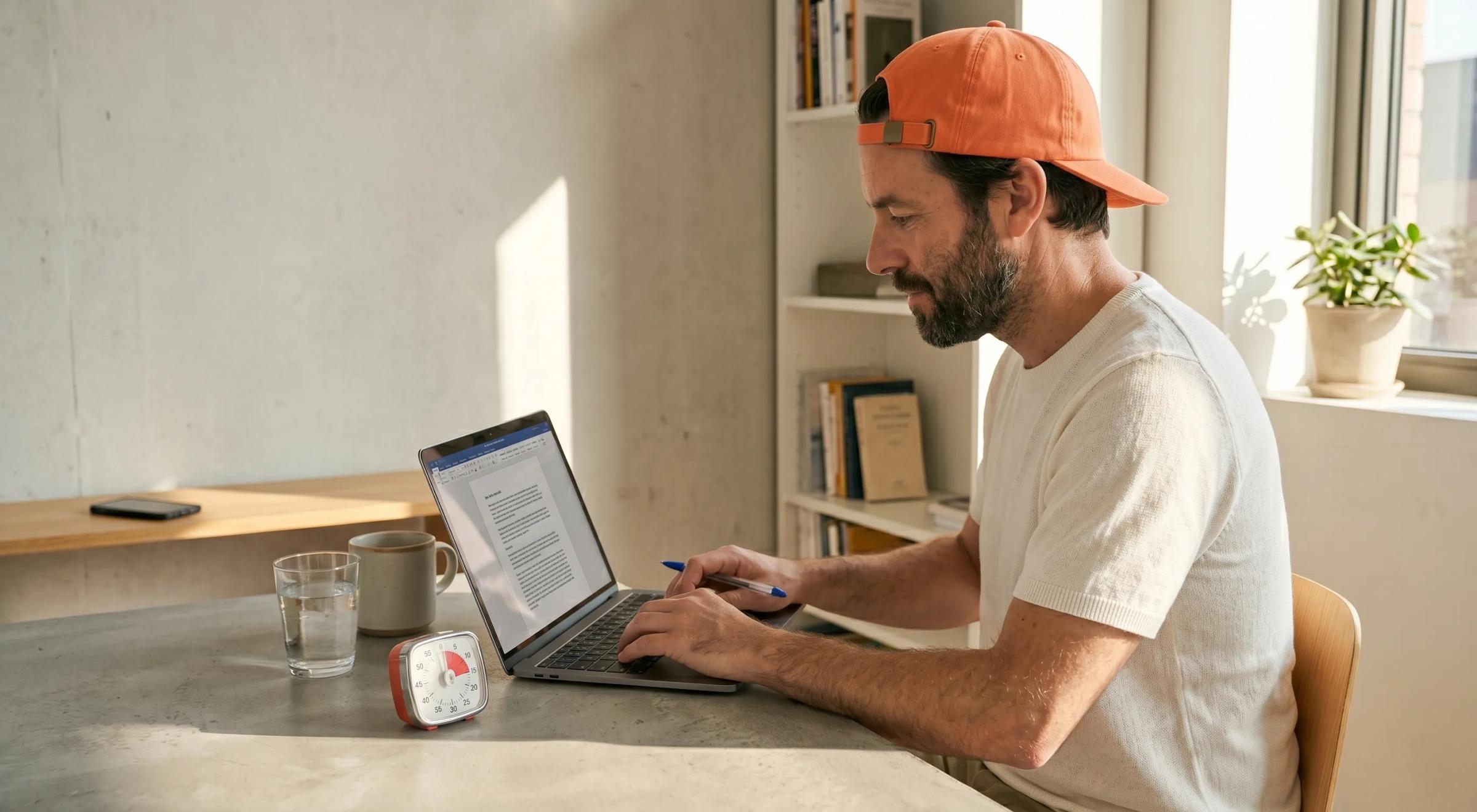 Man in an orange cap typing on a laptop at a concrete desk with a red timer, glass of water, and mug, seated near a sunlit window with a bookshelf — focused work to avoid burnout