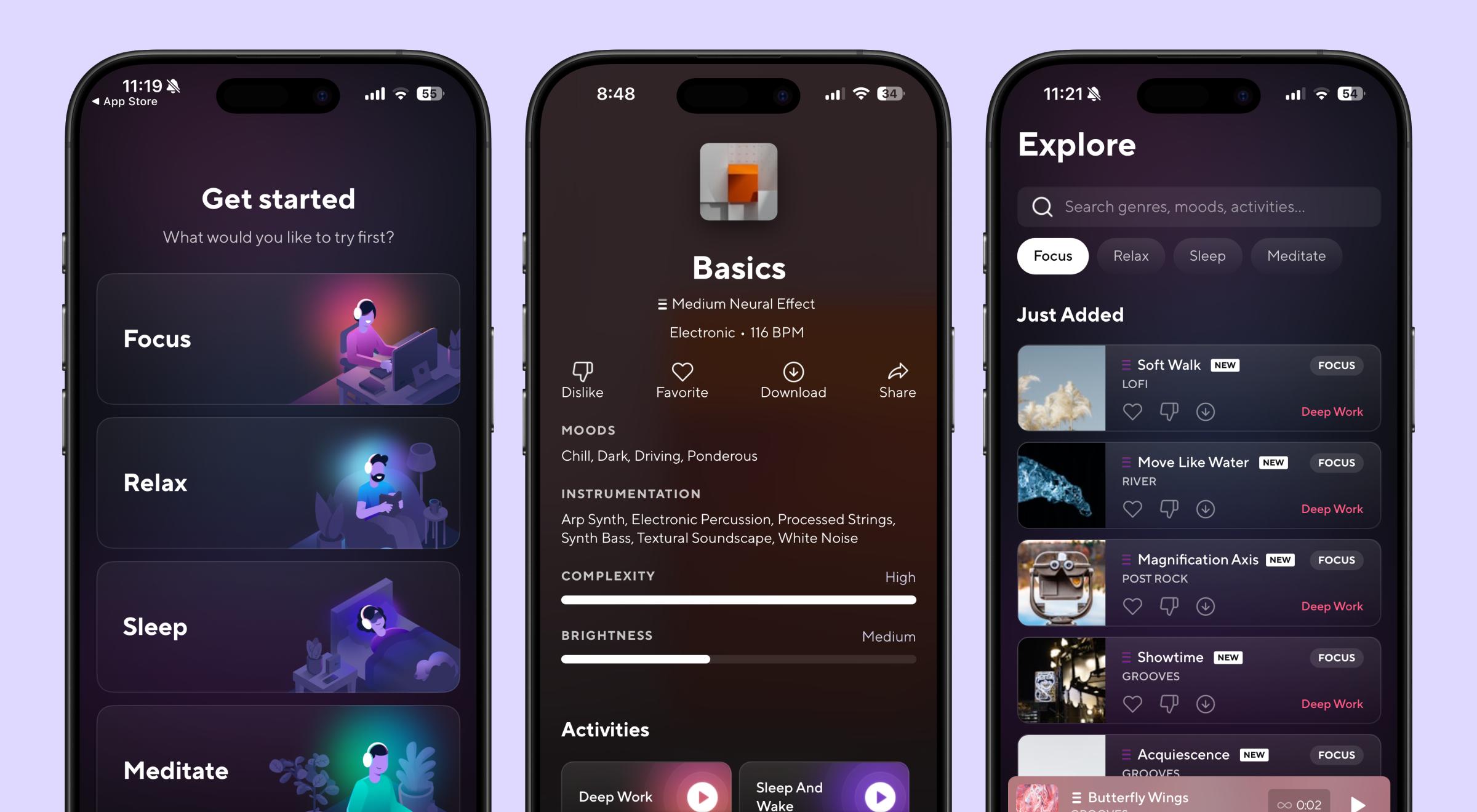 Three BrainFM app screenshots on a light purple background displaying the Get Started, track detail, and Explore screens for focus music sessions