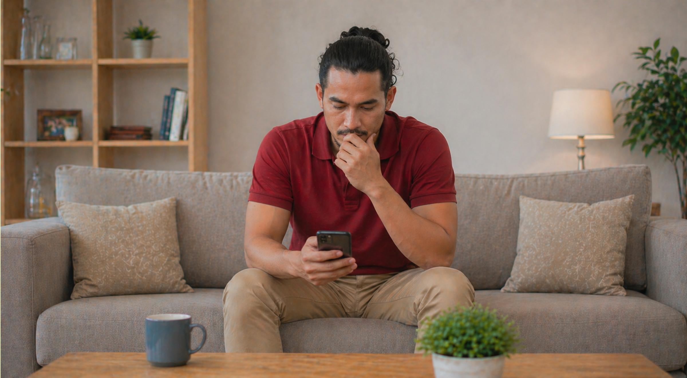 Man in a red shirt sitting alone on a gray couch, pensively scrolling his phone, reflecting the emotional stages of a breakup after a relationship ends