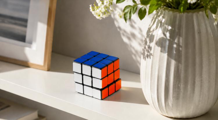 A partially solved Rubik's cube with blue and orange faces sitting on a white shelf next to a white ribbed vase with green plants, symbolizing problem-solving and the pursuit of small wins