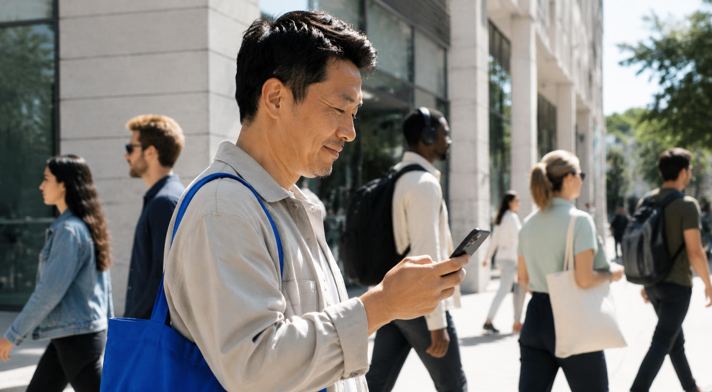 Man walking on a busy city street using a smartphone, with other pedestrians and a modern building in the sunny background
