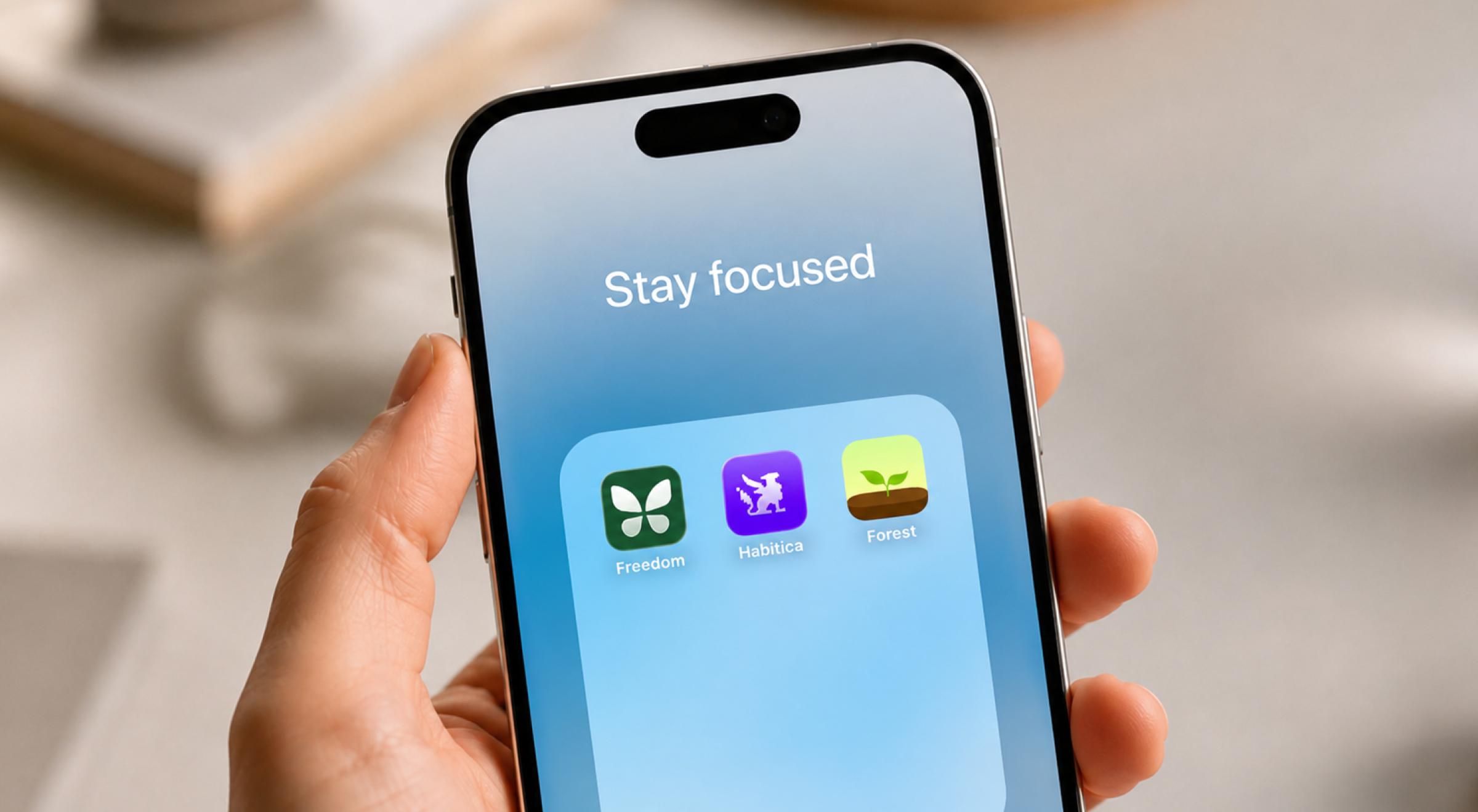 Hand holding an iPhone displaying a _Stay Focused_ screen with Focus, Habitica, and Forest apps on a light blue background in a bright home office