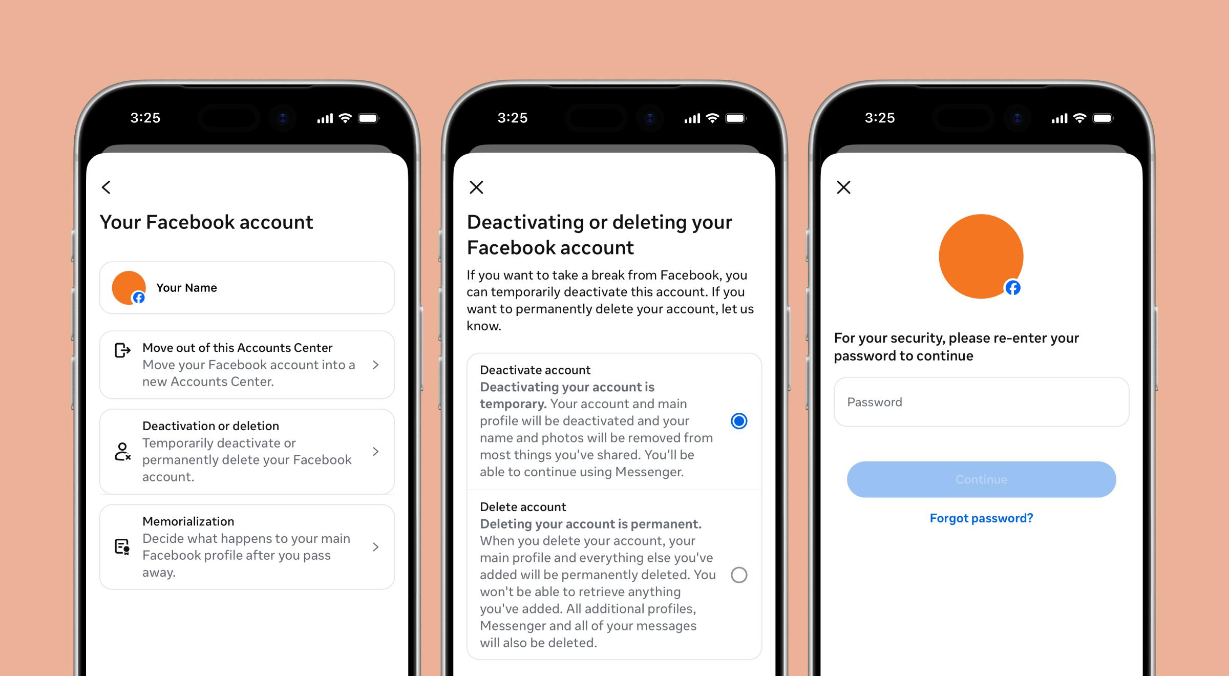 Three smartphone screenshots showing Facebook account deactivation and deletion settings steps on a pink background