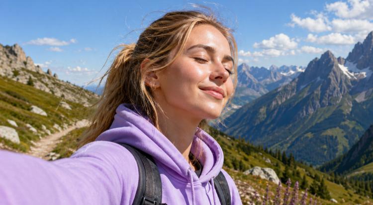 Young woman in a purple hoodie taking a selfie outdoors with eyes closed, smiling peacefully, with a growth mindset attitude against a scenic mountain landscape under a blue sky