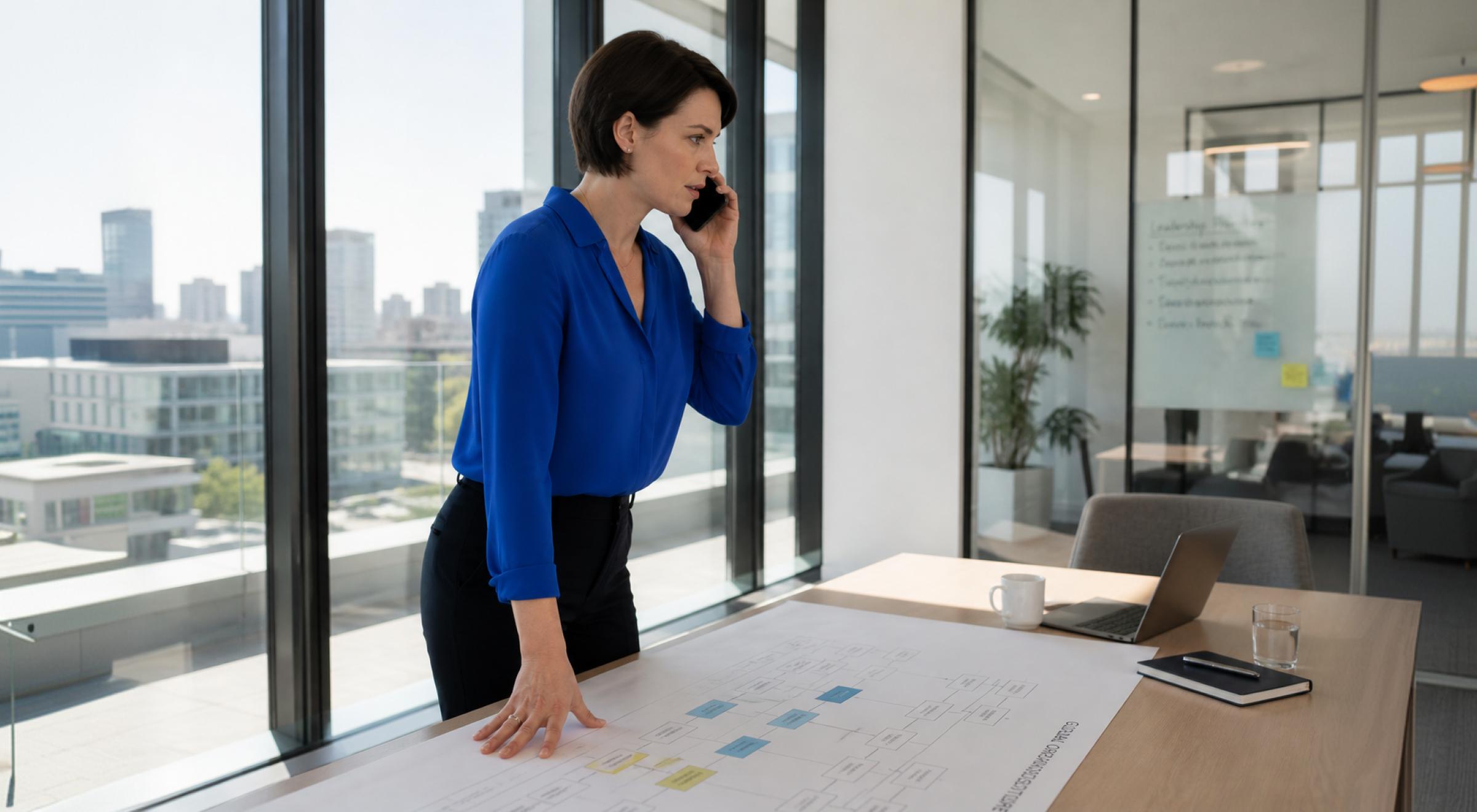 _Female leader in a blue blouse talking on the phone while leaning over project documents on a table in a bright high-rise office with city skyline view