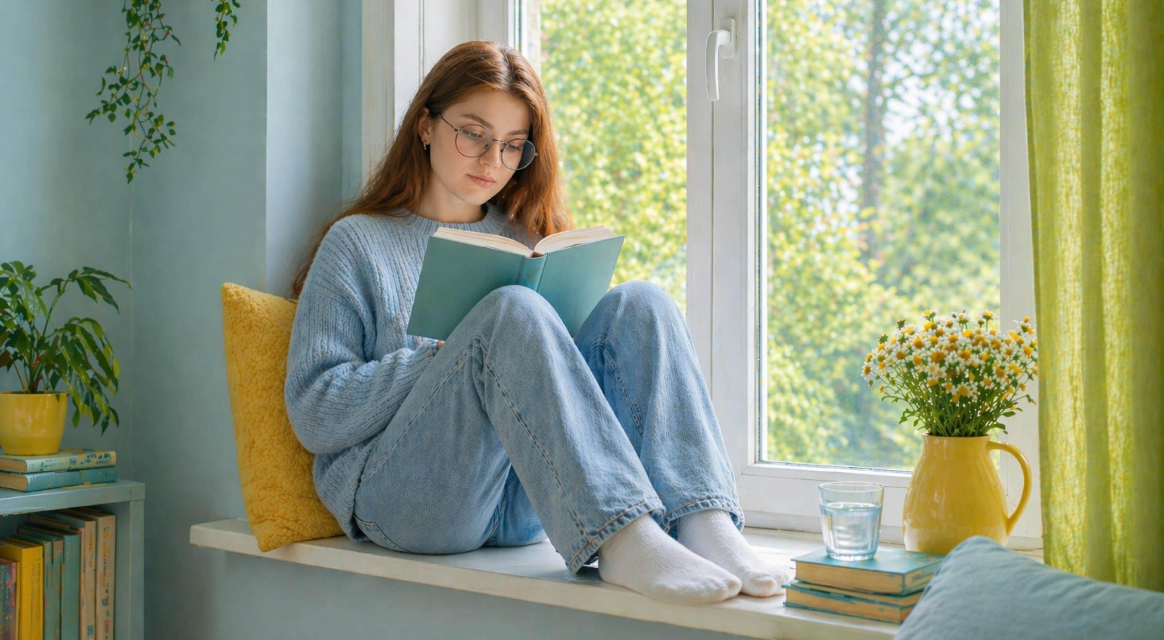 Young well-read woman in a blue sweater reading a book on a windowsill surrounded by plants, yellow cushions, and green curtains in a bright cozy room