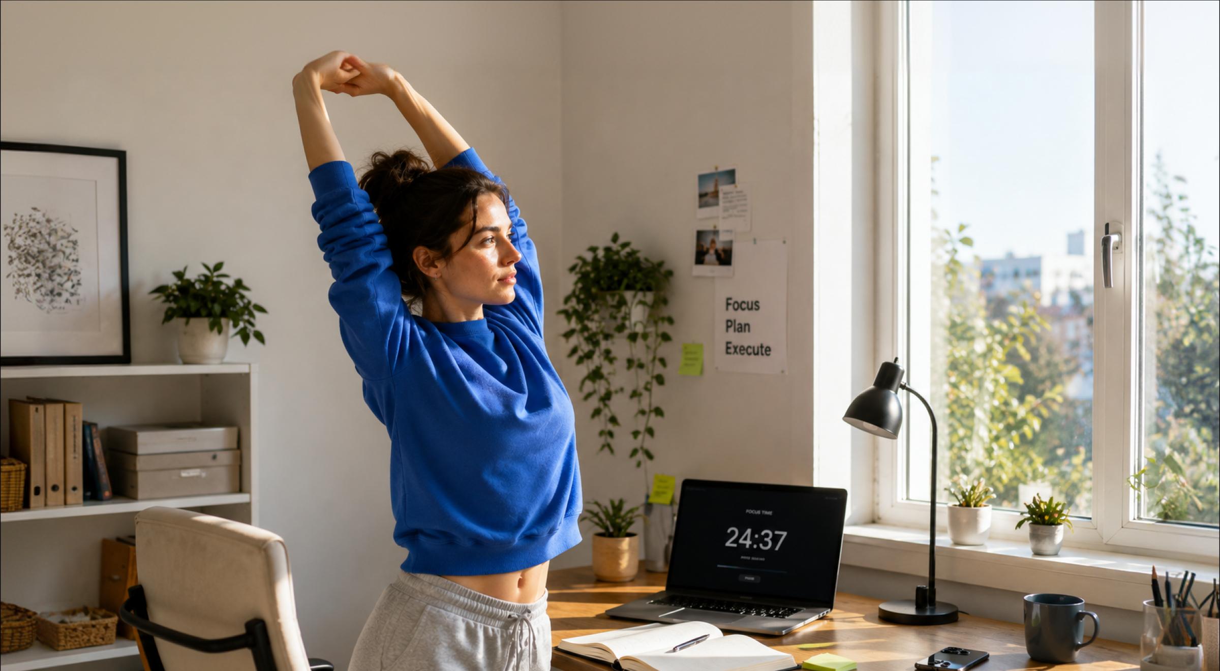 Woman in a blue sweatshirt stretching her arms above her head in a sunny home office with plants, a desk lamp, and a laptop β energizing break during daily productivity routine