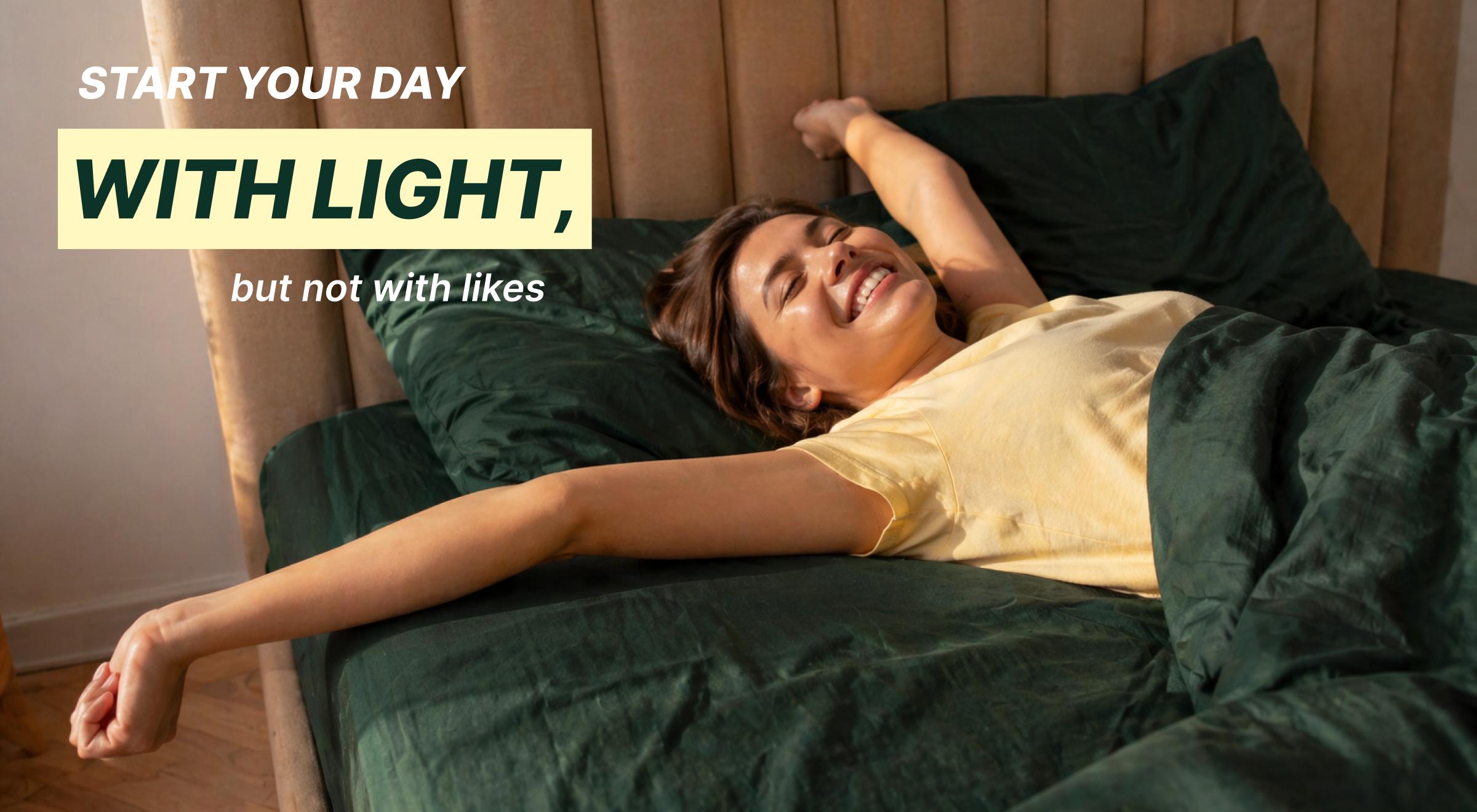 Smiling woman stretching and waking up in a bed with dark green linen, representing a peaceful low-dopamine morning routine start (1)